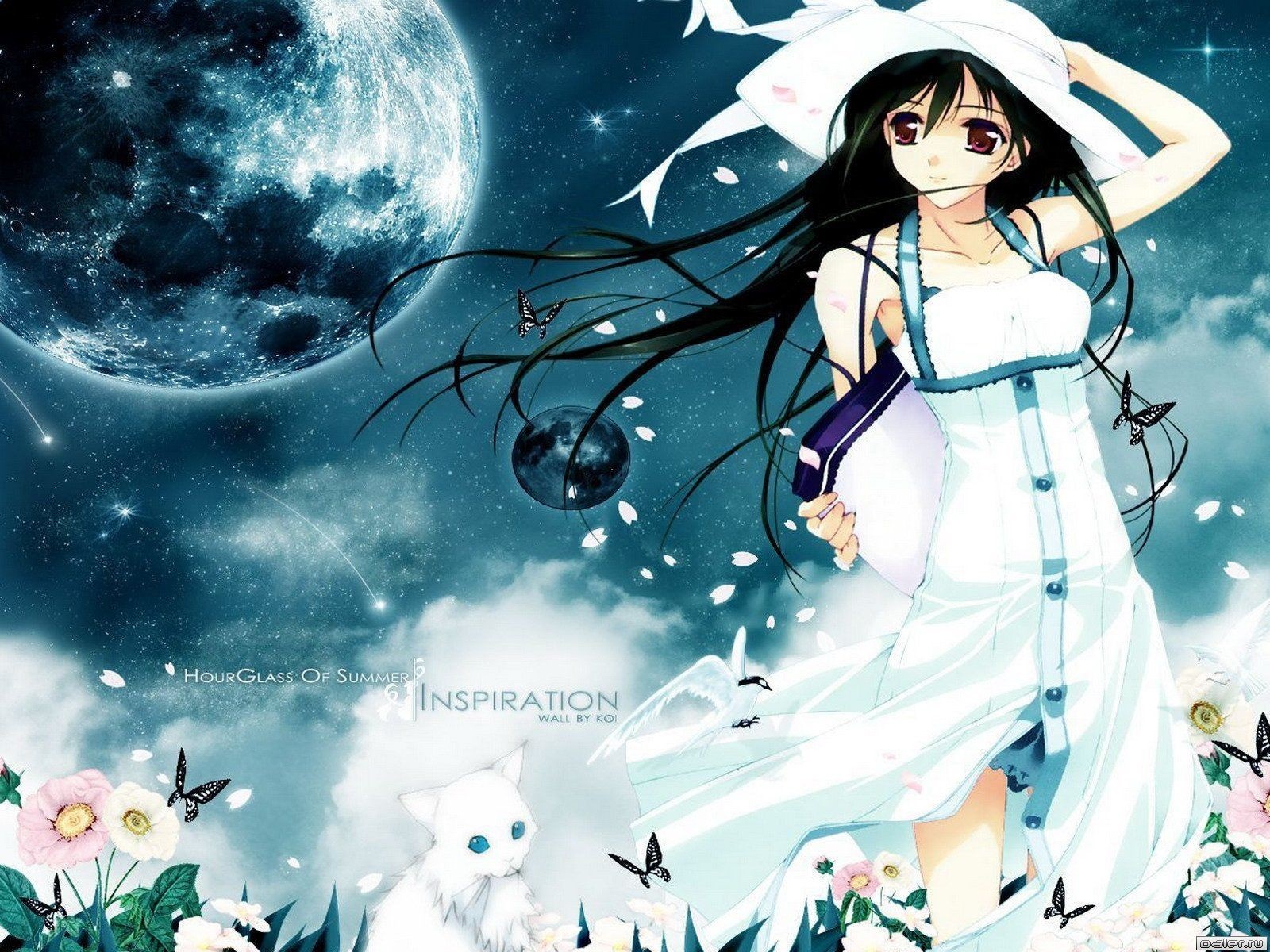Anime girl in white dress with moon and cat HD Wallpaper