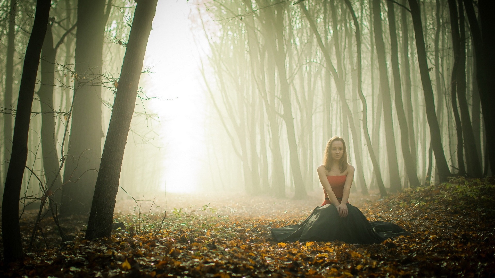 Woman in a red top and dark skirt in a misty forest HD Wallpaper