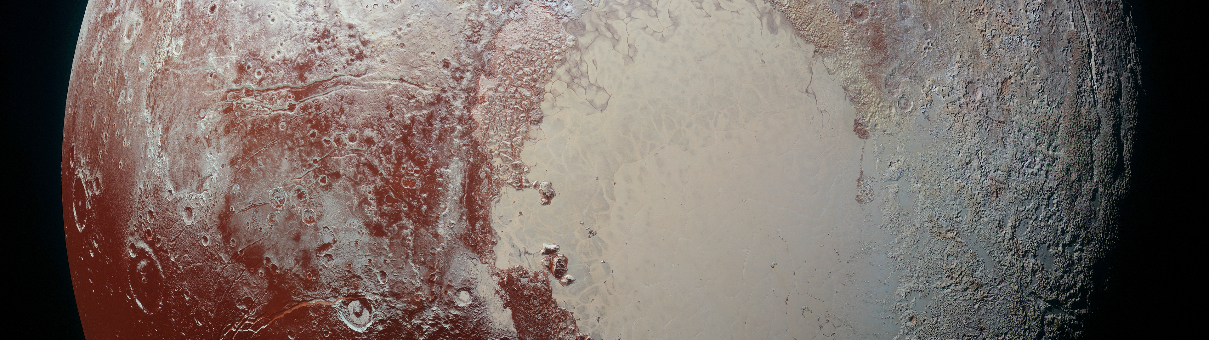 Pluto surface with craters and plains HD Wallpaper