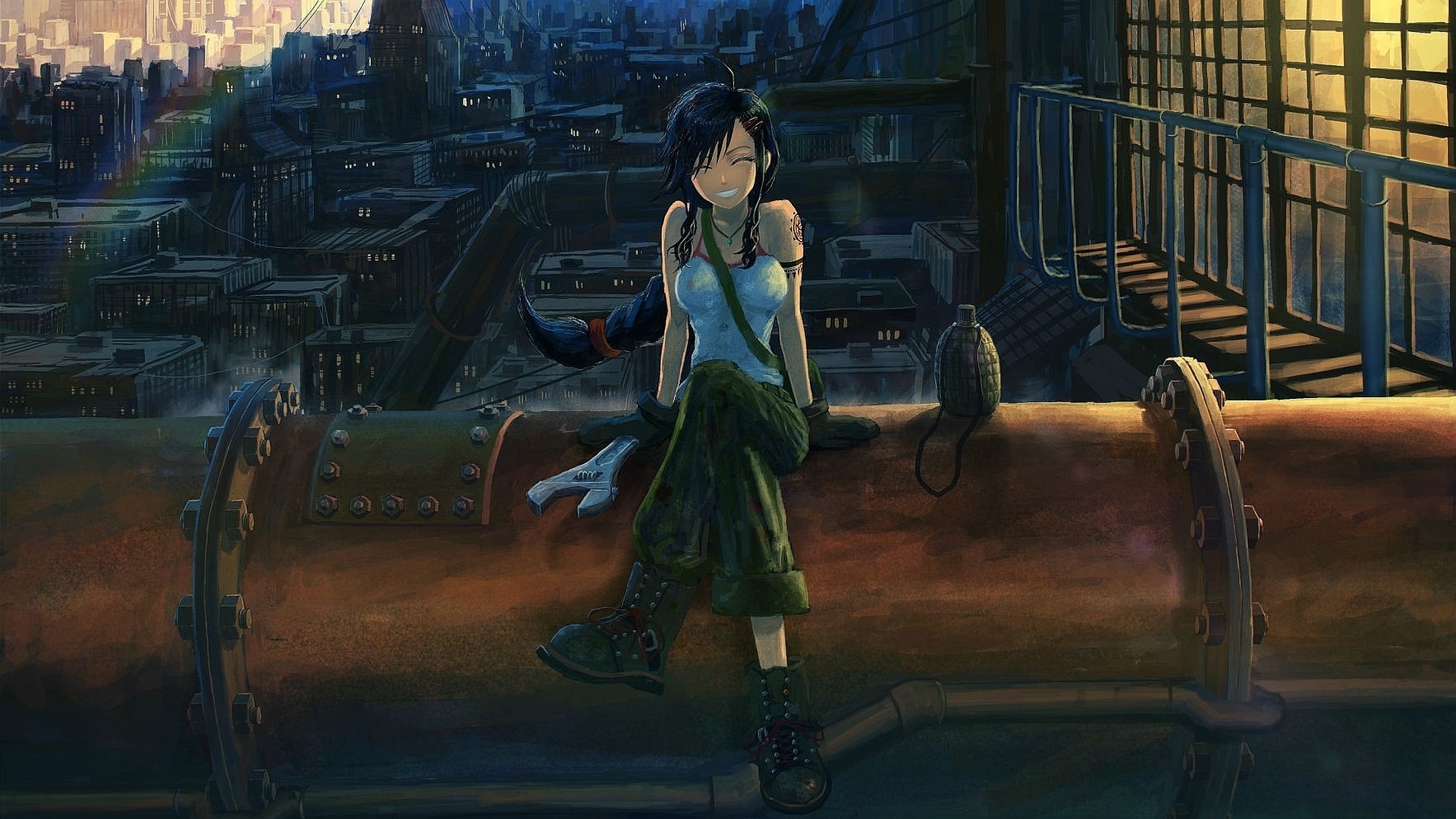 Girl with wrench and grenade on rooftop HD Wallpaper