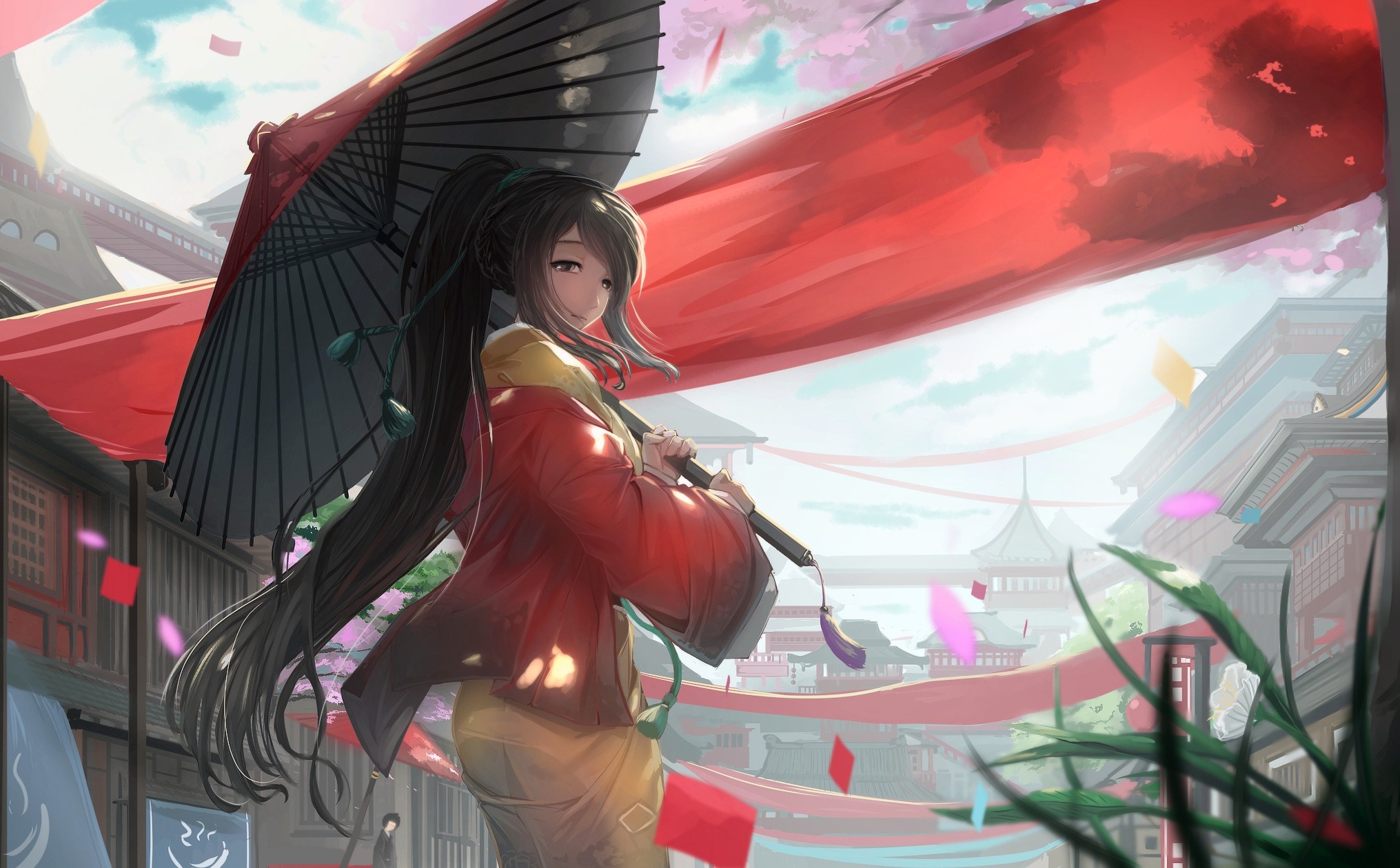 Anime girl with umbrella in a Japanese town HD Wallpaper