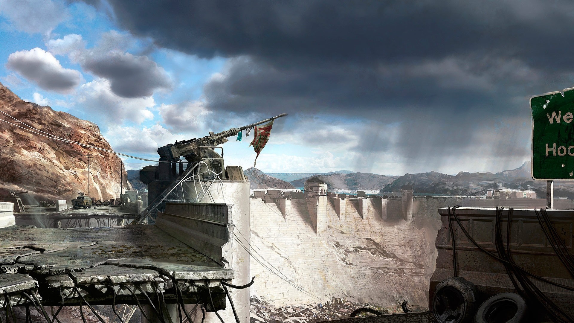 Artwork from Fallout: New Vegas showing a dam and a mounted gun HD Wallpaper