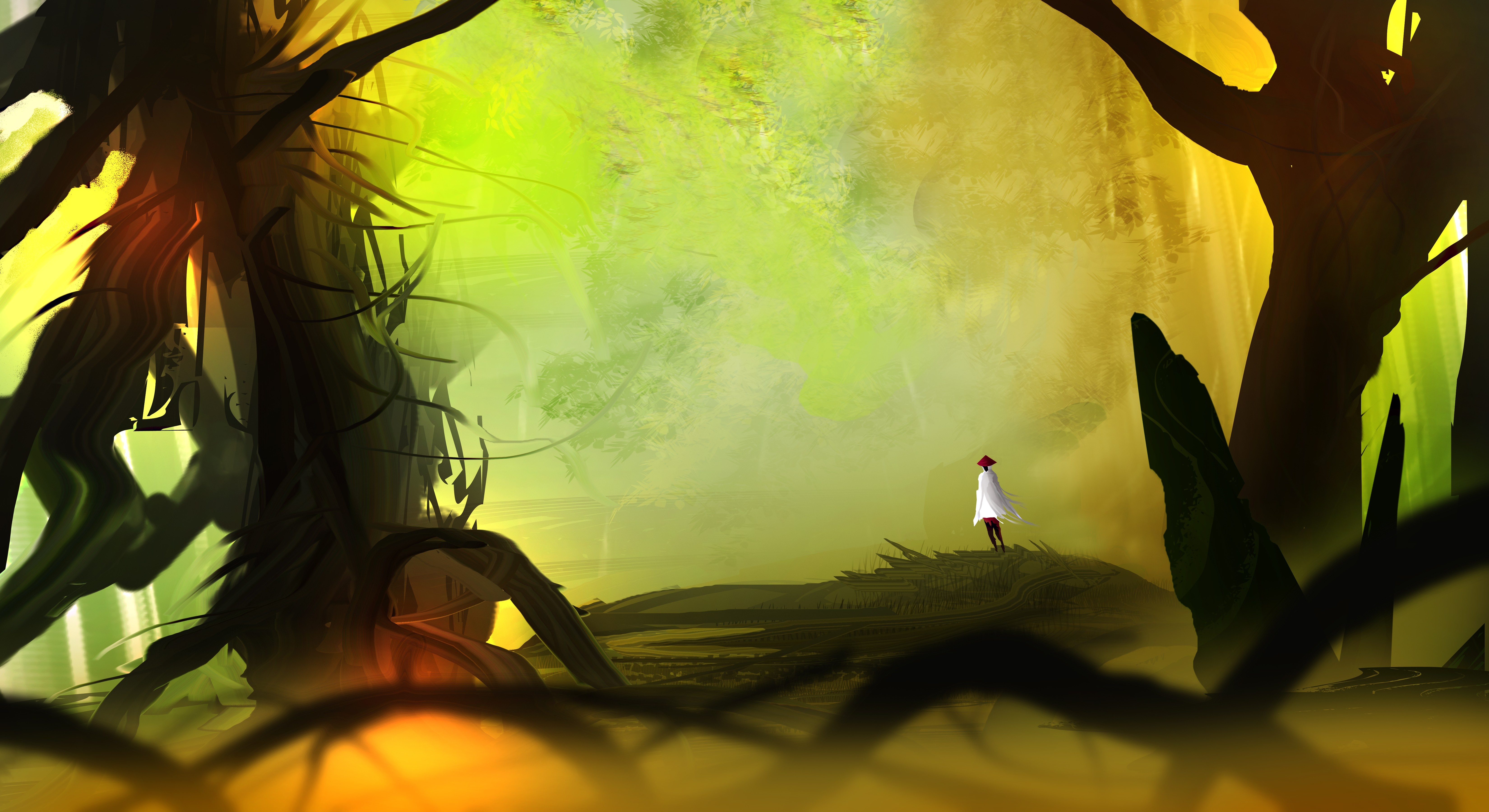 Person in white cloak in a surreal forest HD Wallpaper