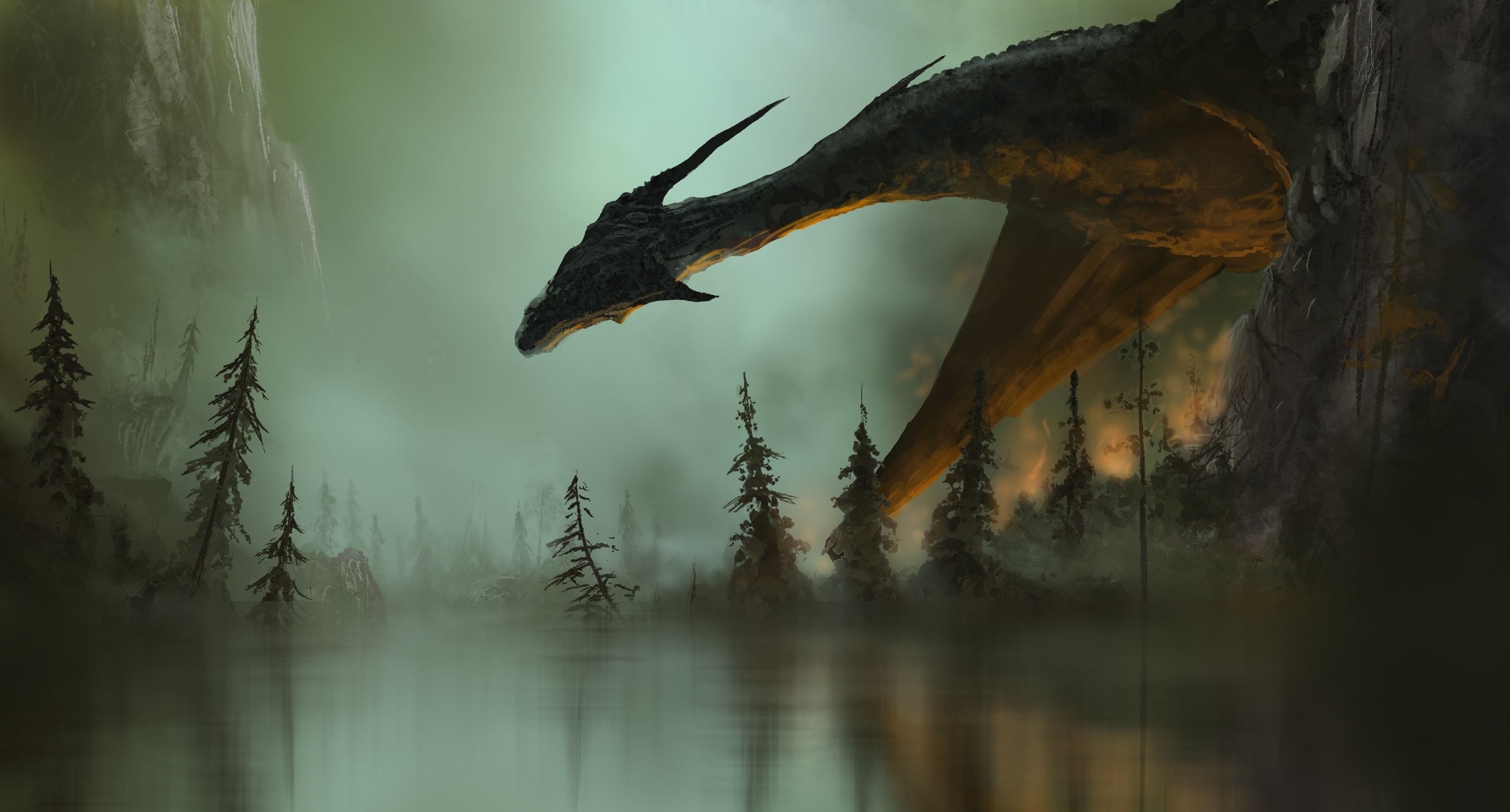 Dragon flying over a misty forest lake HD Wallpaper