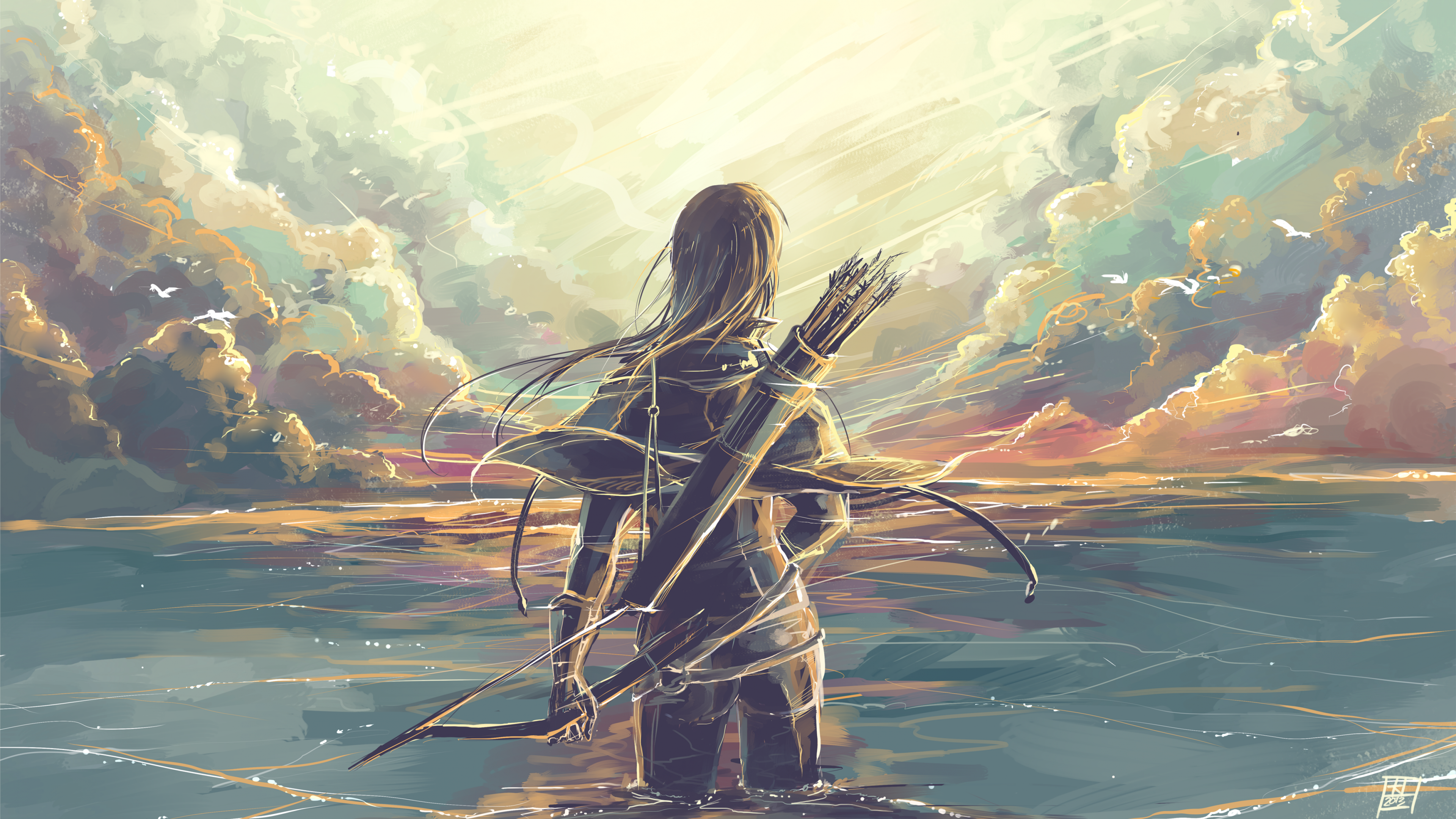 Artwork of a person with a bow and arrows in the sea HD Wallpaper