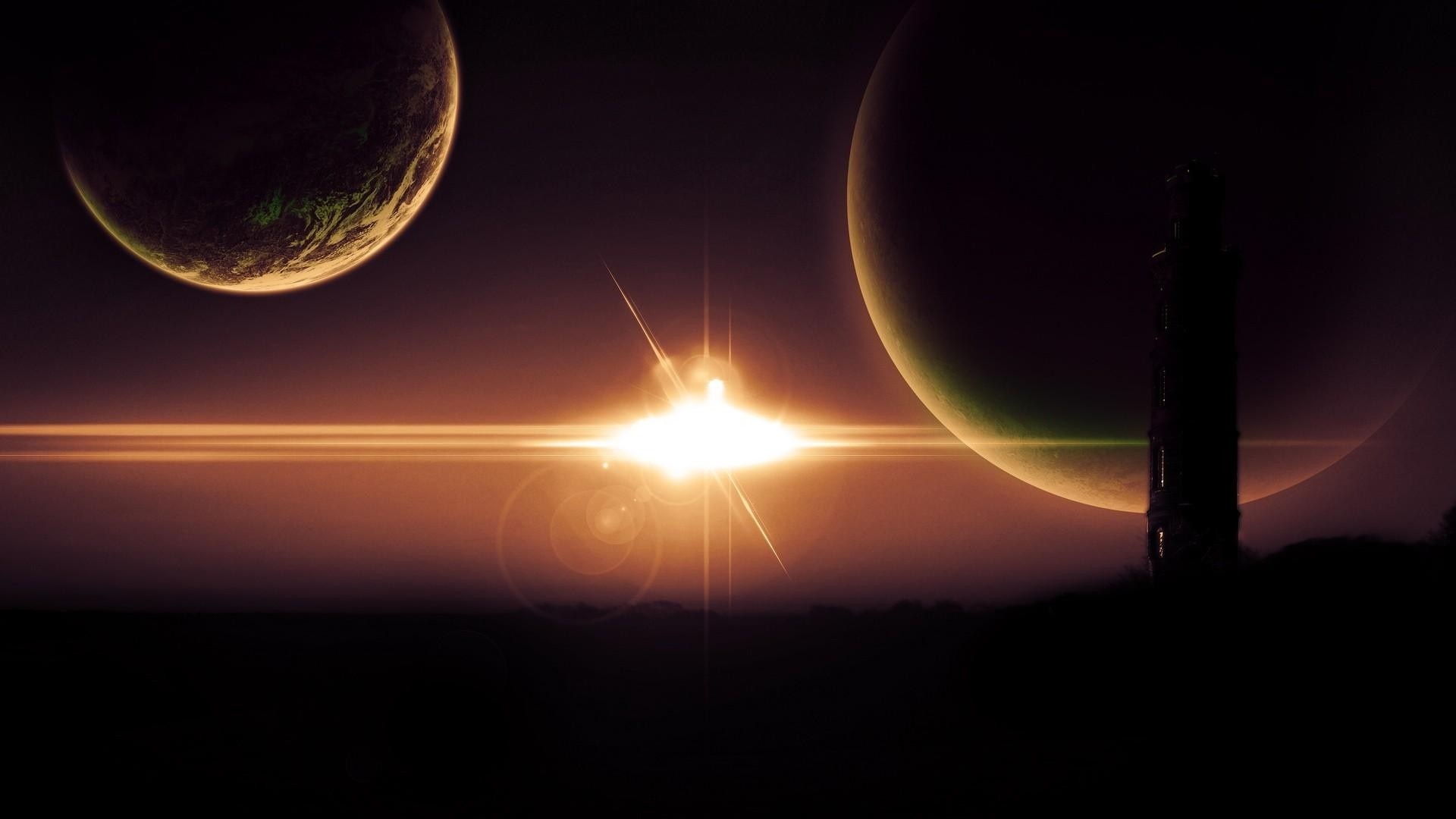 Space art with planets, sun, and tower HD Wallpaper