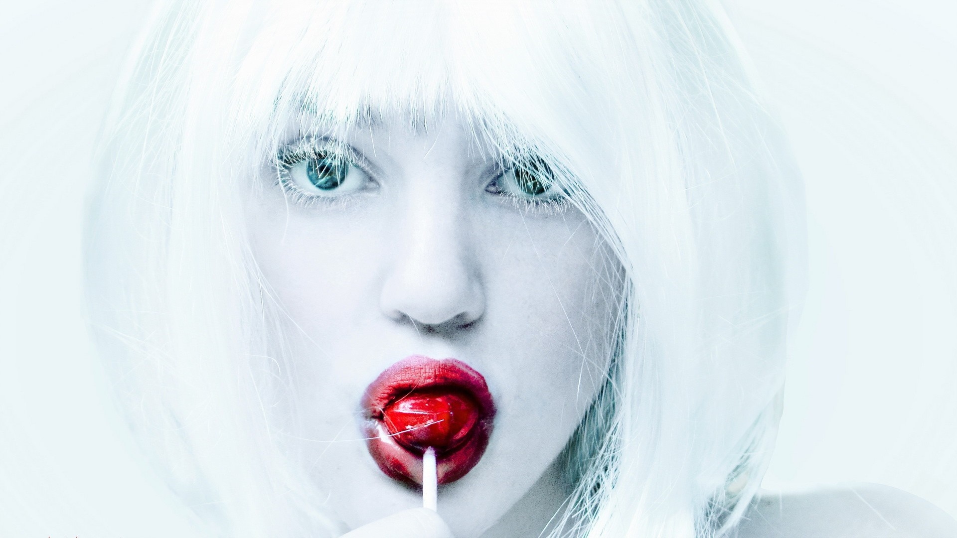 Woman with white hair and red lollipop HD Wallpaper