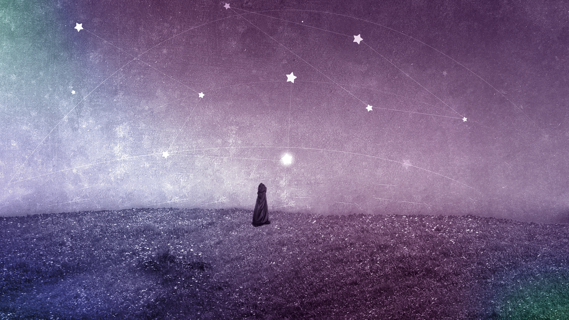 Person in a dark cloak under starry sky HD Wallpaper