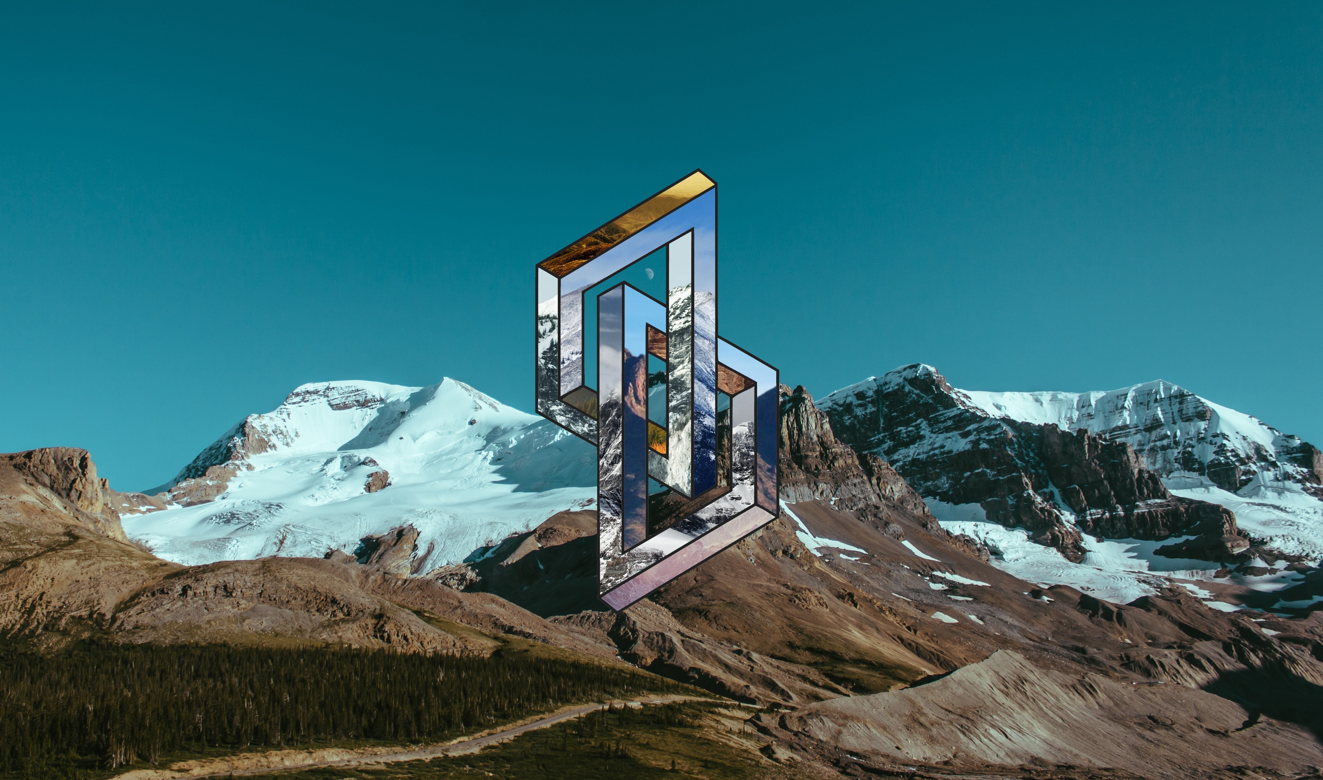 Geometric mountain landscape with optical illusion HD Wallpaper