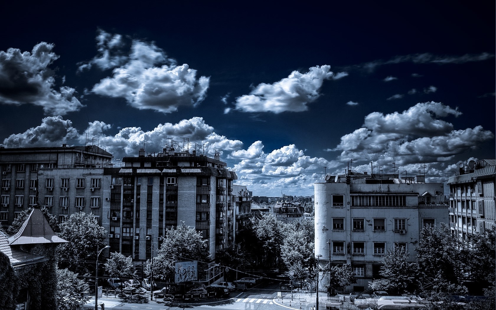 Monochrome cityscape of Belgrade, Serbia with dramatic clouds HD Wallpaper