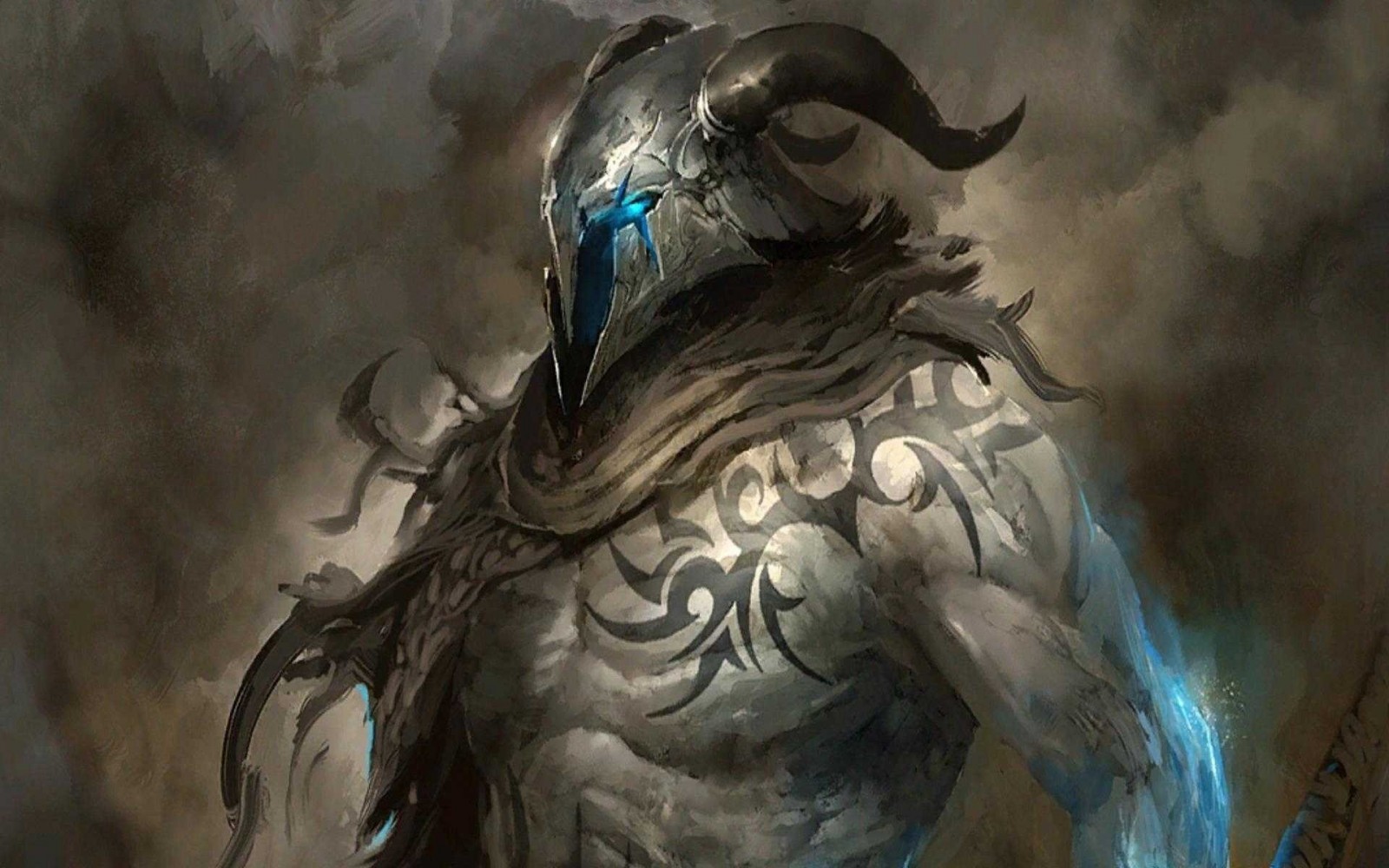 Fantasy warrior with horned helmet and tattoos HD Wallpaper