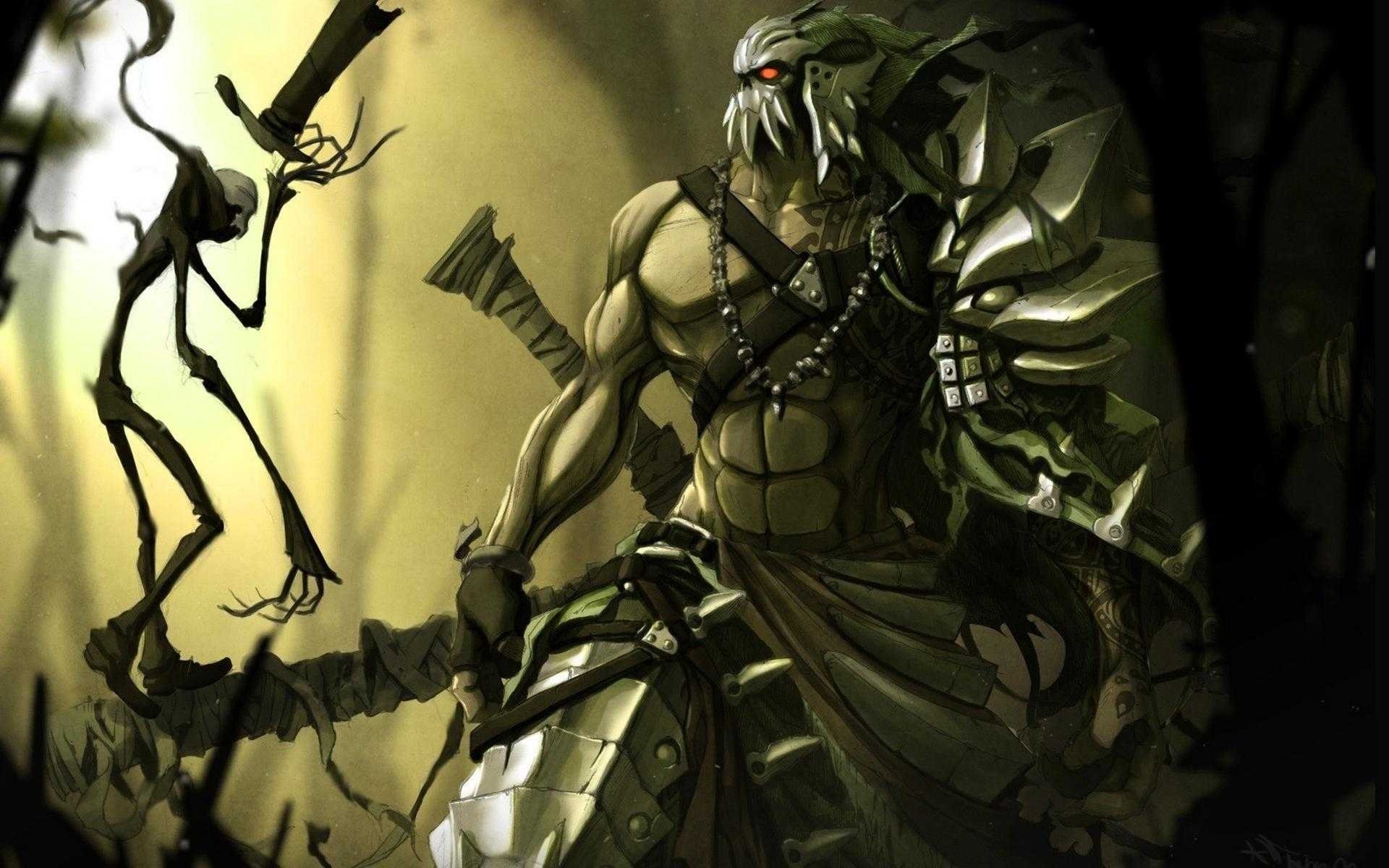Fantasy warrior with skeletal figure HD Wallpaper