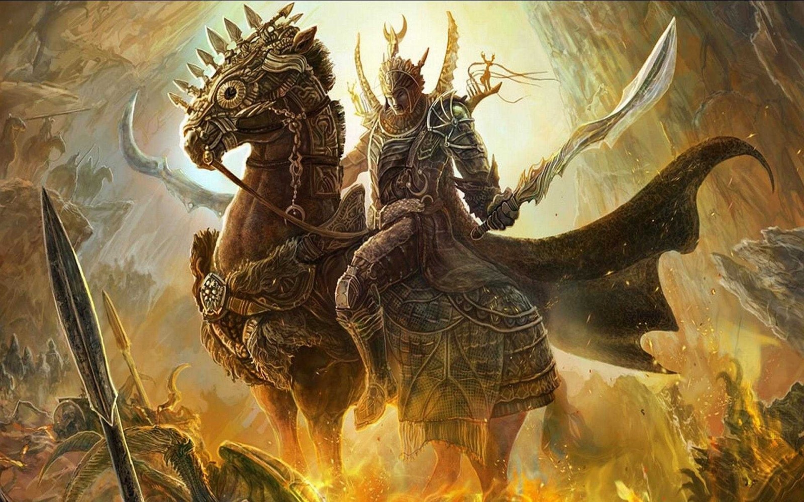 Fantasy warrior on horseback in battle HD Wallpaper
