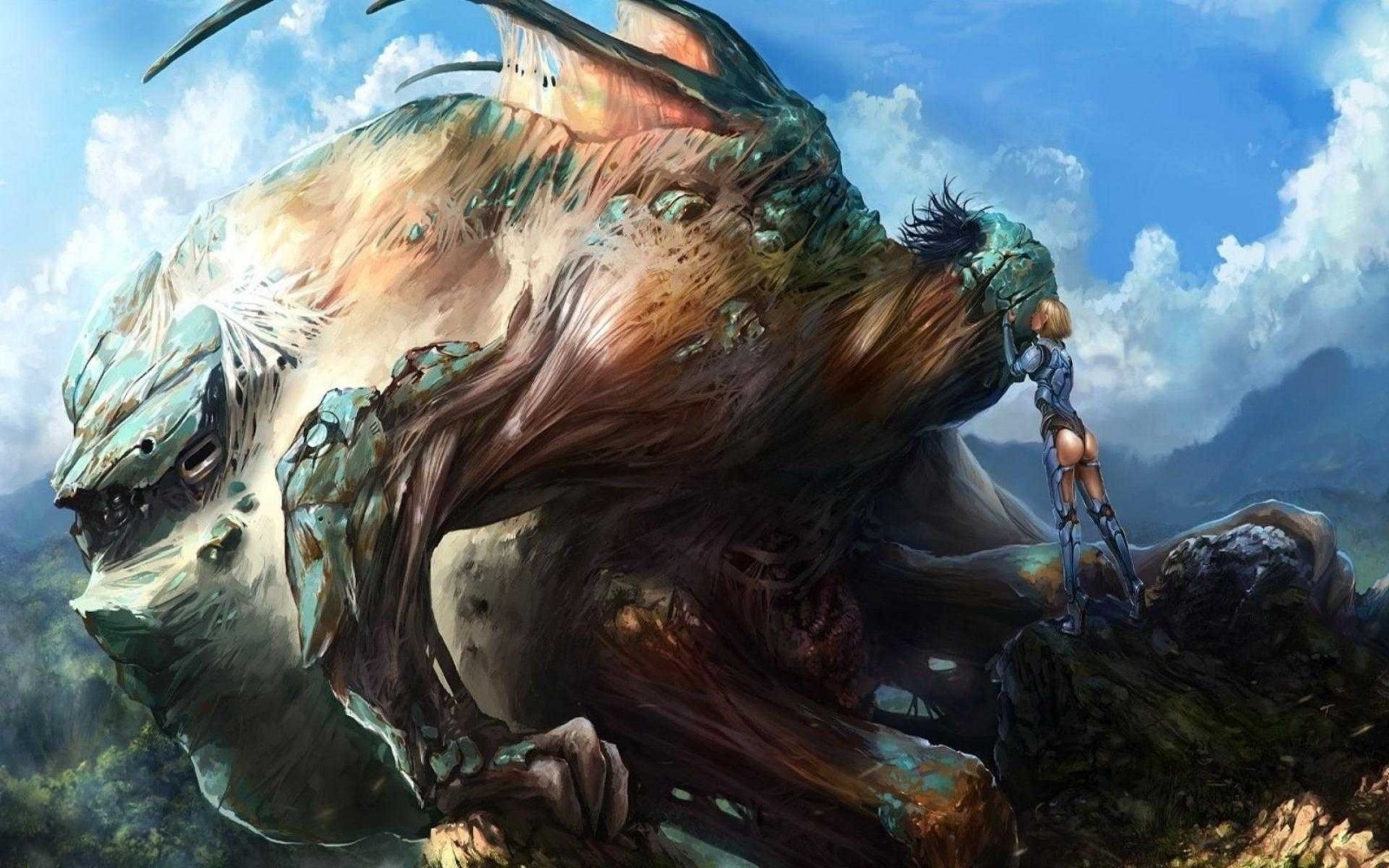 Fantasy art of a woman clinging to a giant creature HD Wallpaper