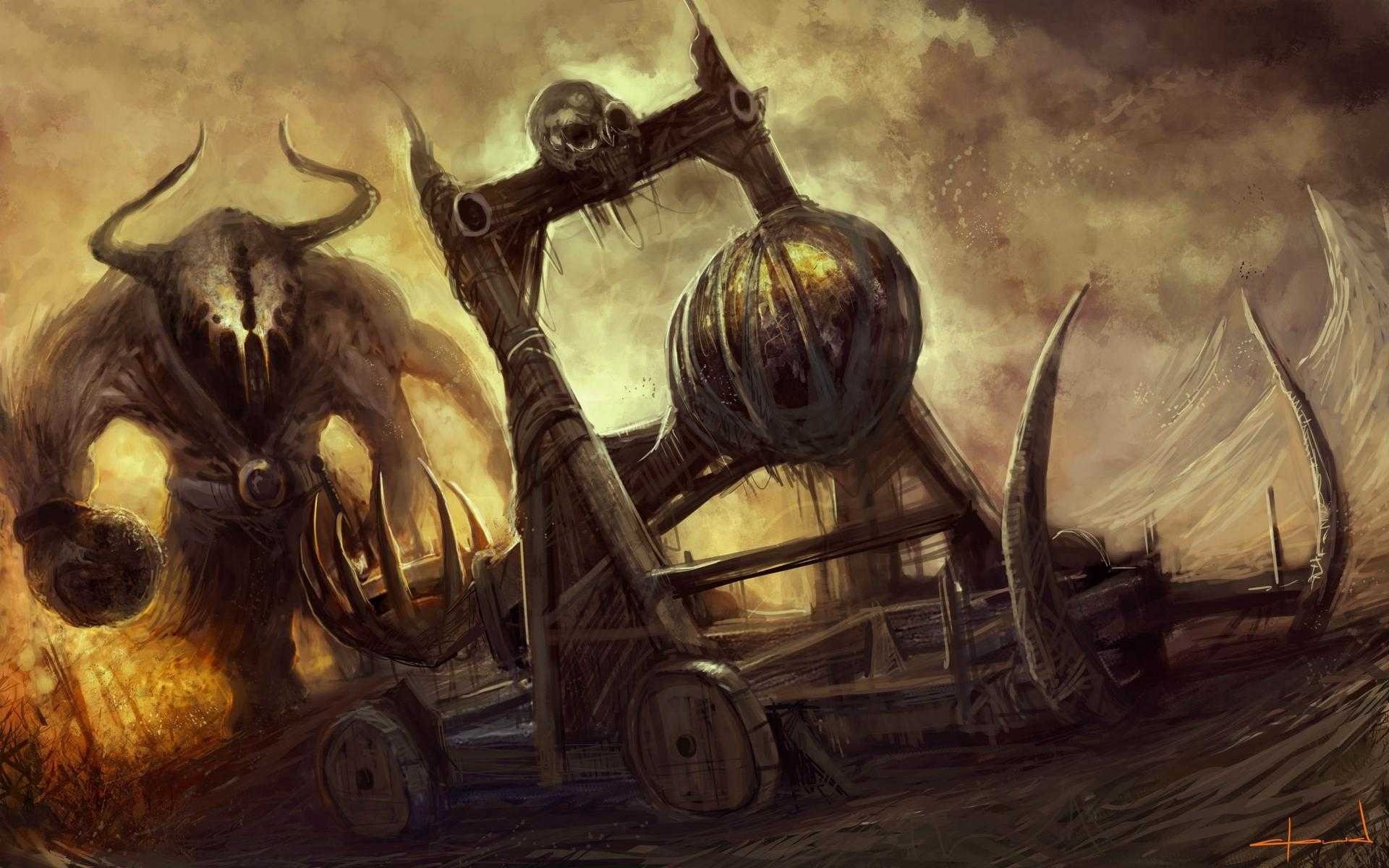 Demonic creature and siege weapon in a fantasy battle HD Wallpaper