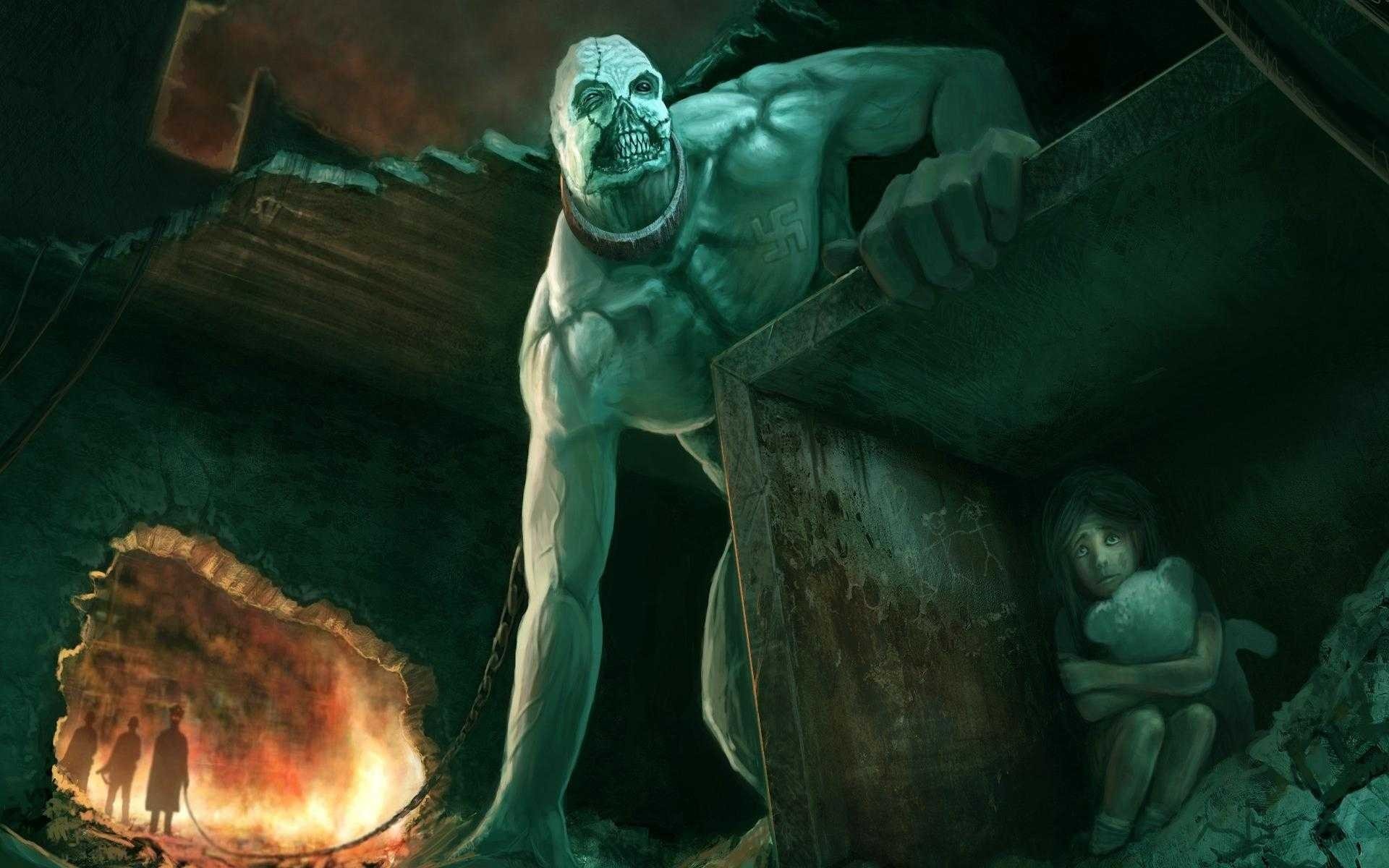 Giant monster with swastika symbol and scared child HD Wallpaper