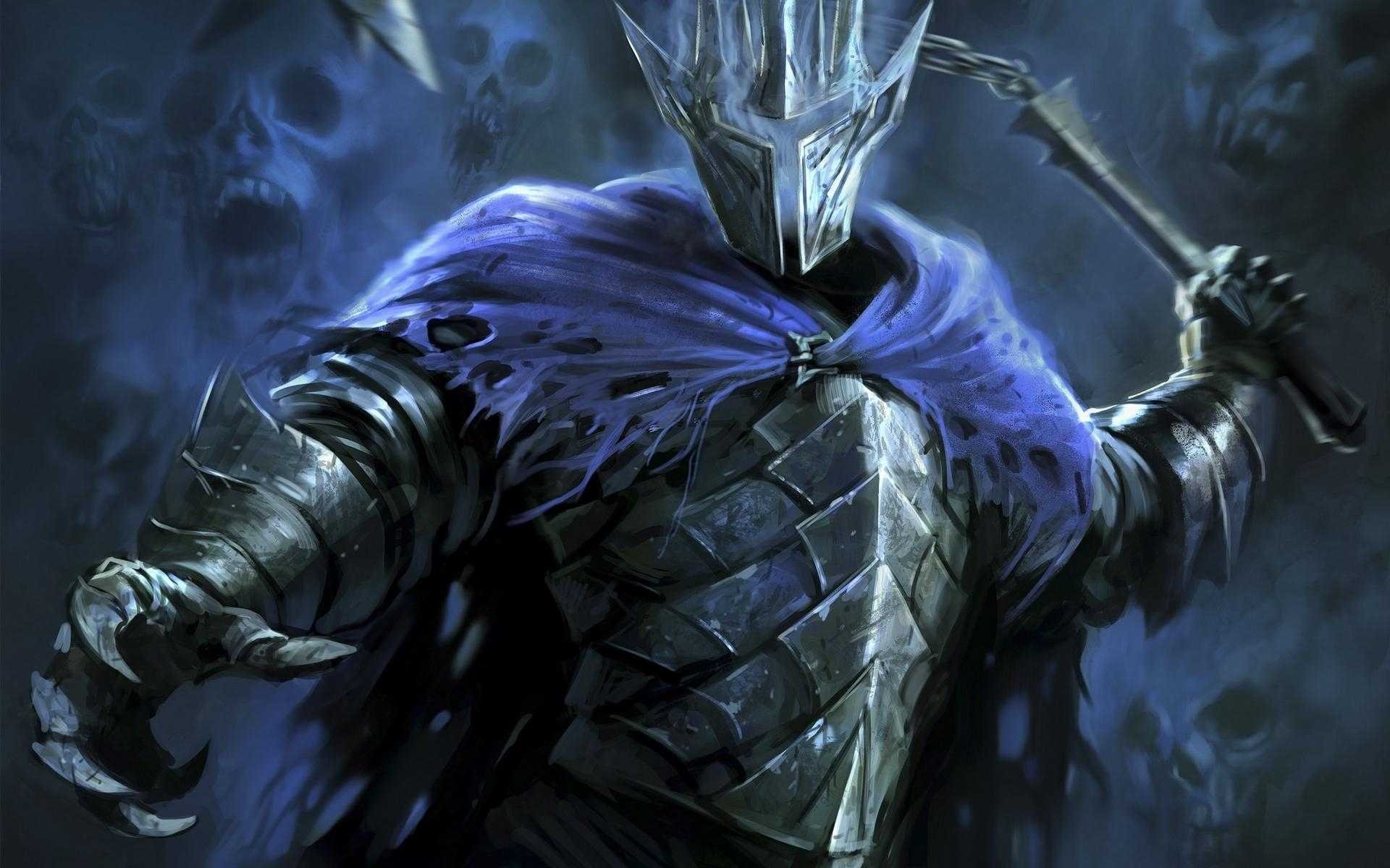 Dark fantasy knight with skulls in the background HD Wallpaper