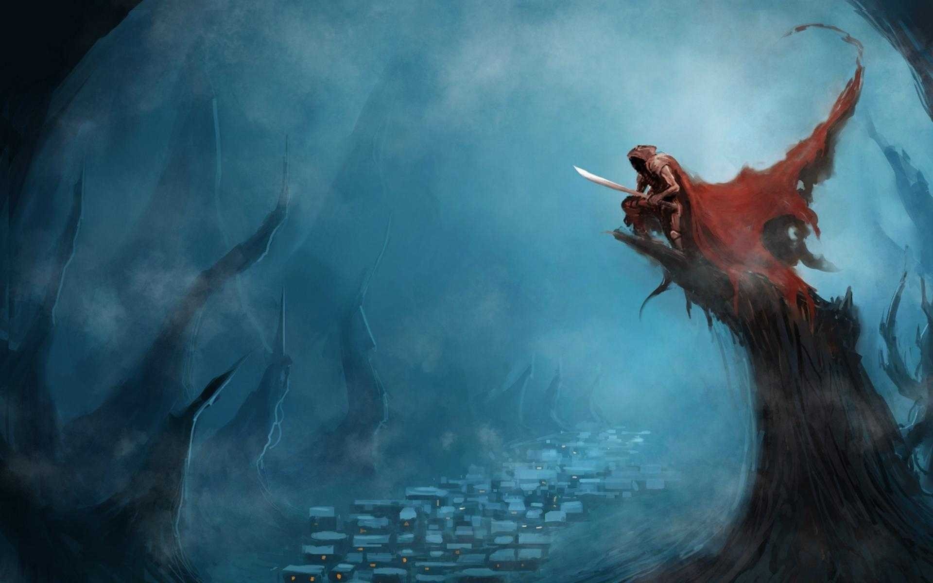Fantasy art of a hooded figure with a red cloak HD Wallpaper