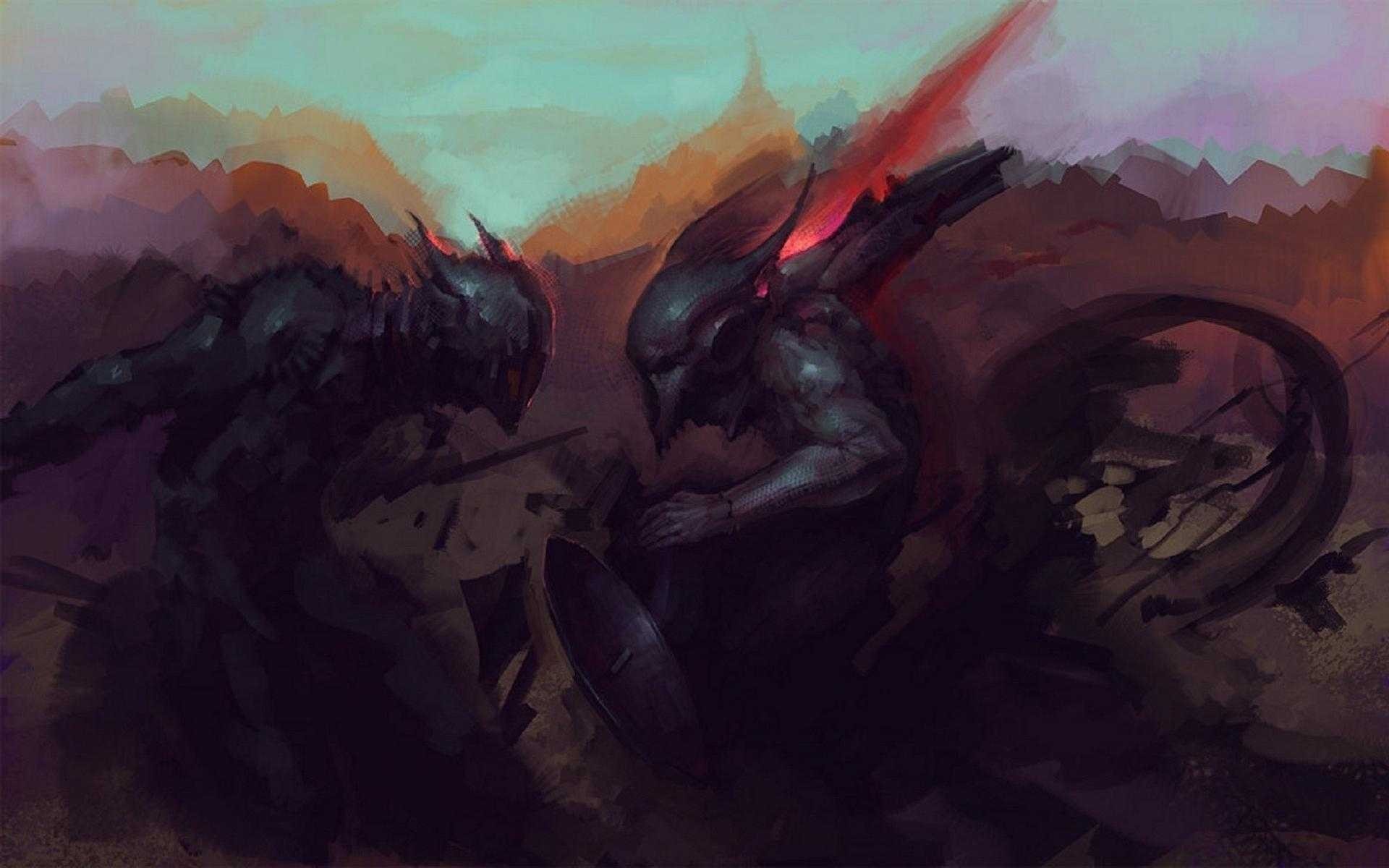 Two armored figures in a battle HD Wallpaper