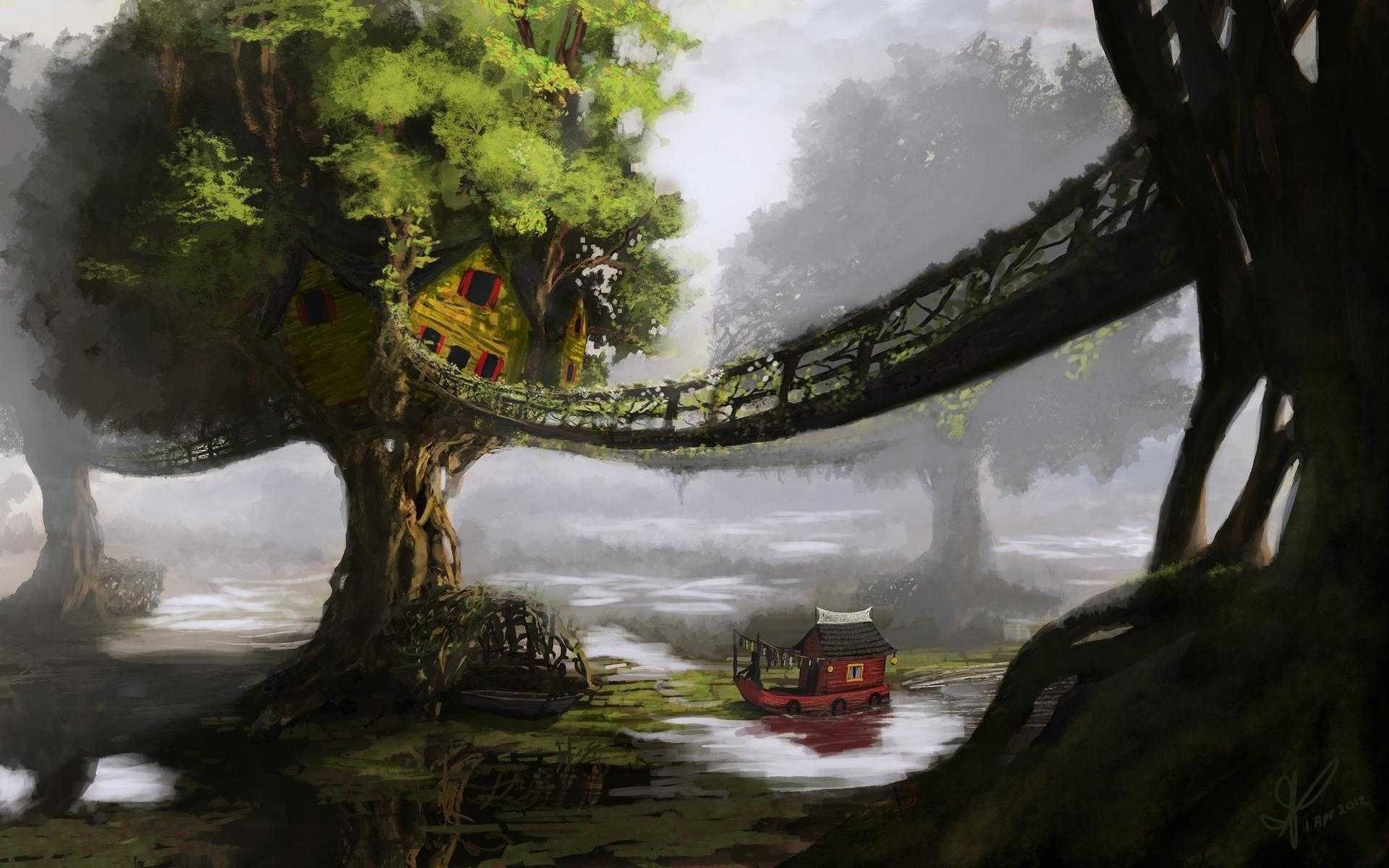 Fantasy treehouse village with a boat in a misty swamp HD Wallpaper