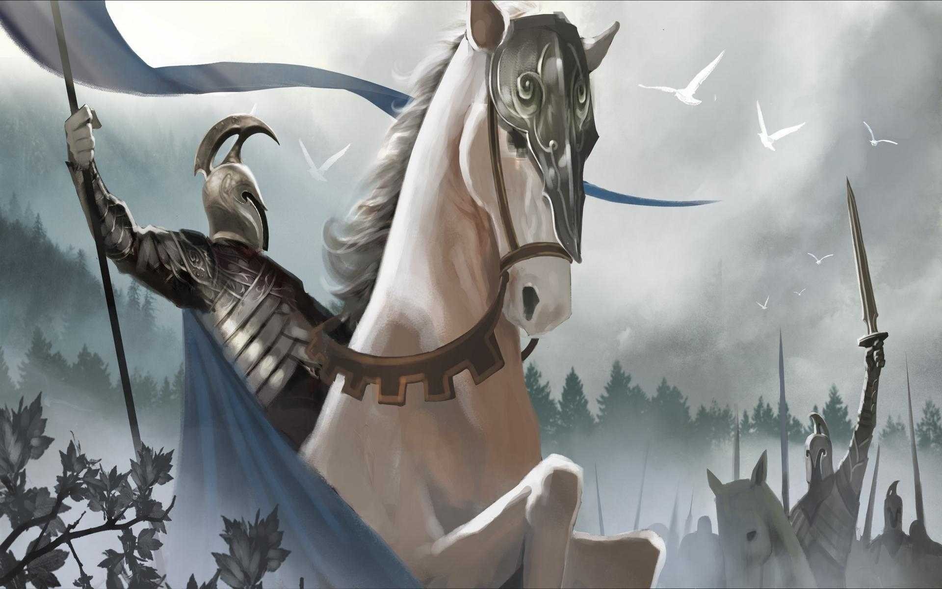 Fantasy warrior on horseback with army and birds HD Wallpaper