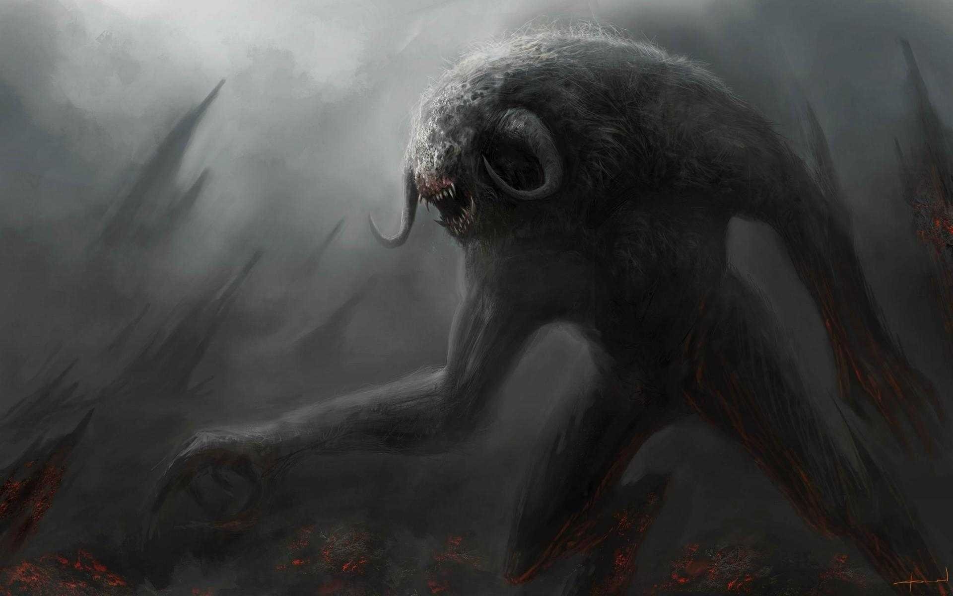 Fantasy art of a monstrous creature in a dark landscape HD Wallpaper