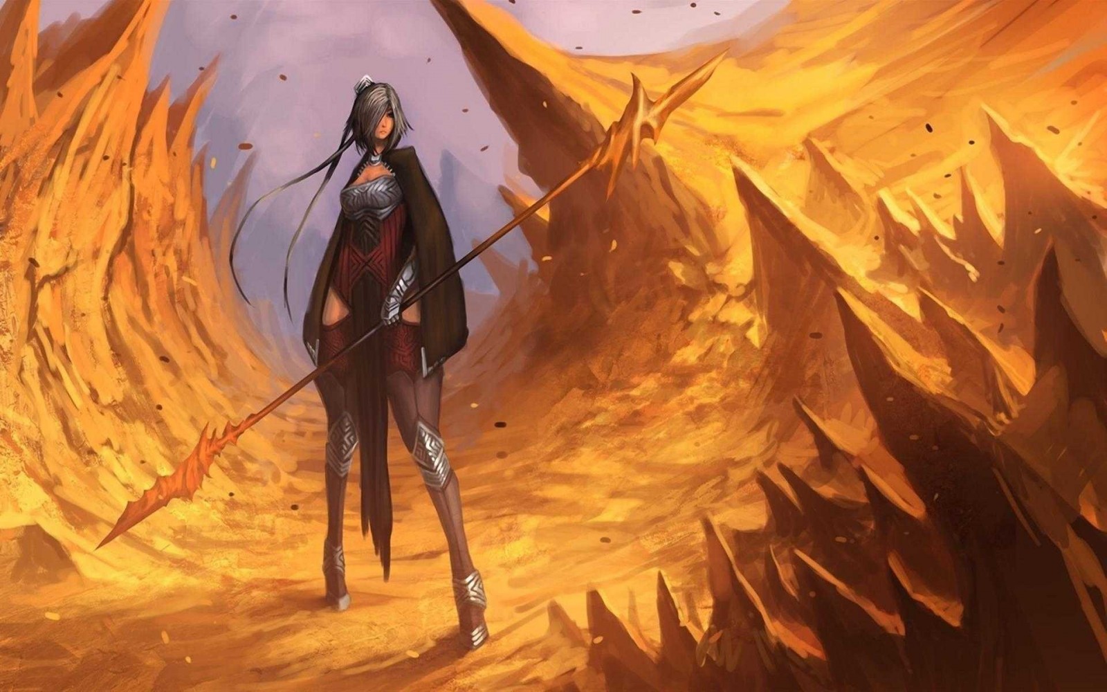 Fantasy art of a woman with a spear in a rocky landscape HD Wallpaper