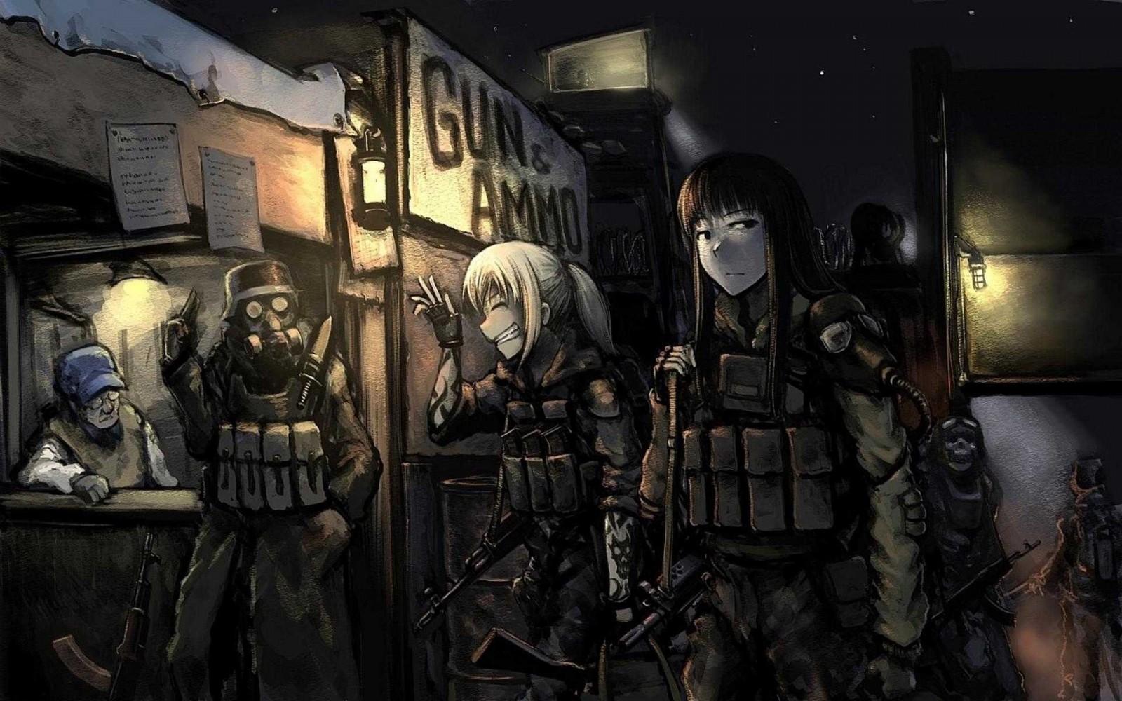 Anime characters in tactical gear at a gun shop HD Wallpaper