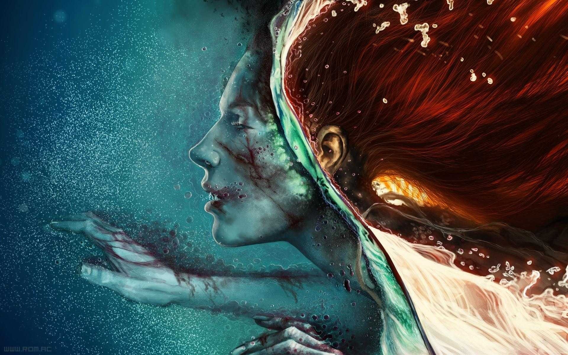 Illustration of a woman underwater with red hair HD Wallpaper