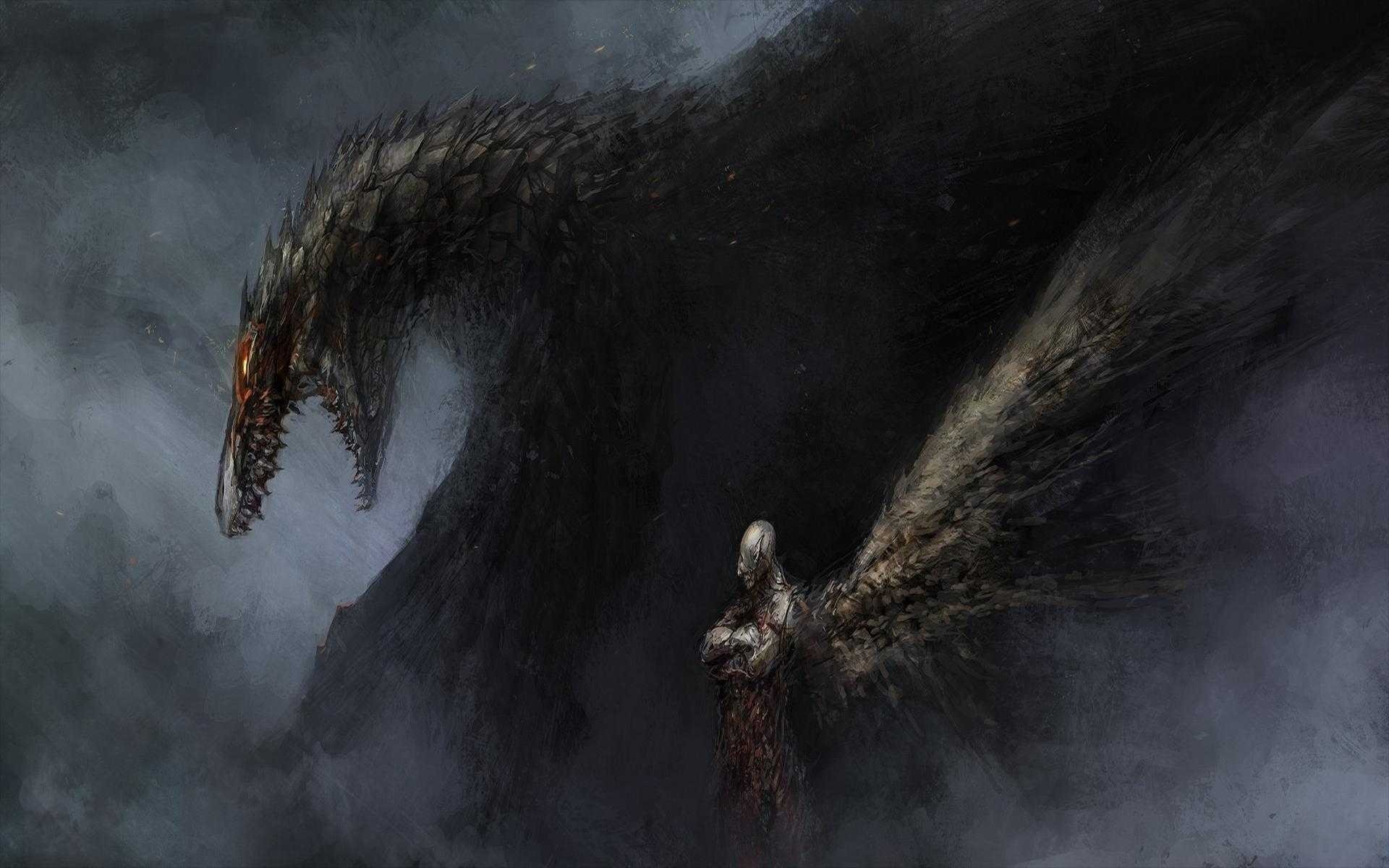 Dark fantasy art of a dragon and a winged figure HD Wallpaper