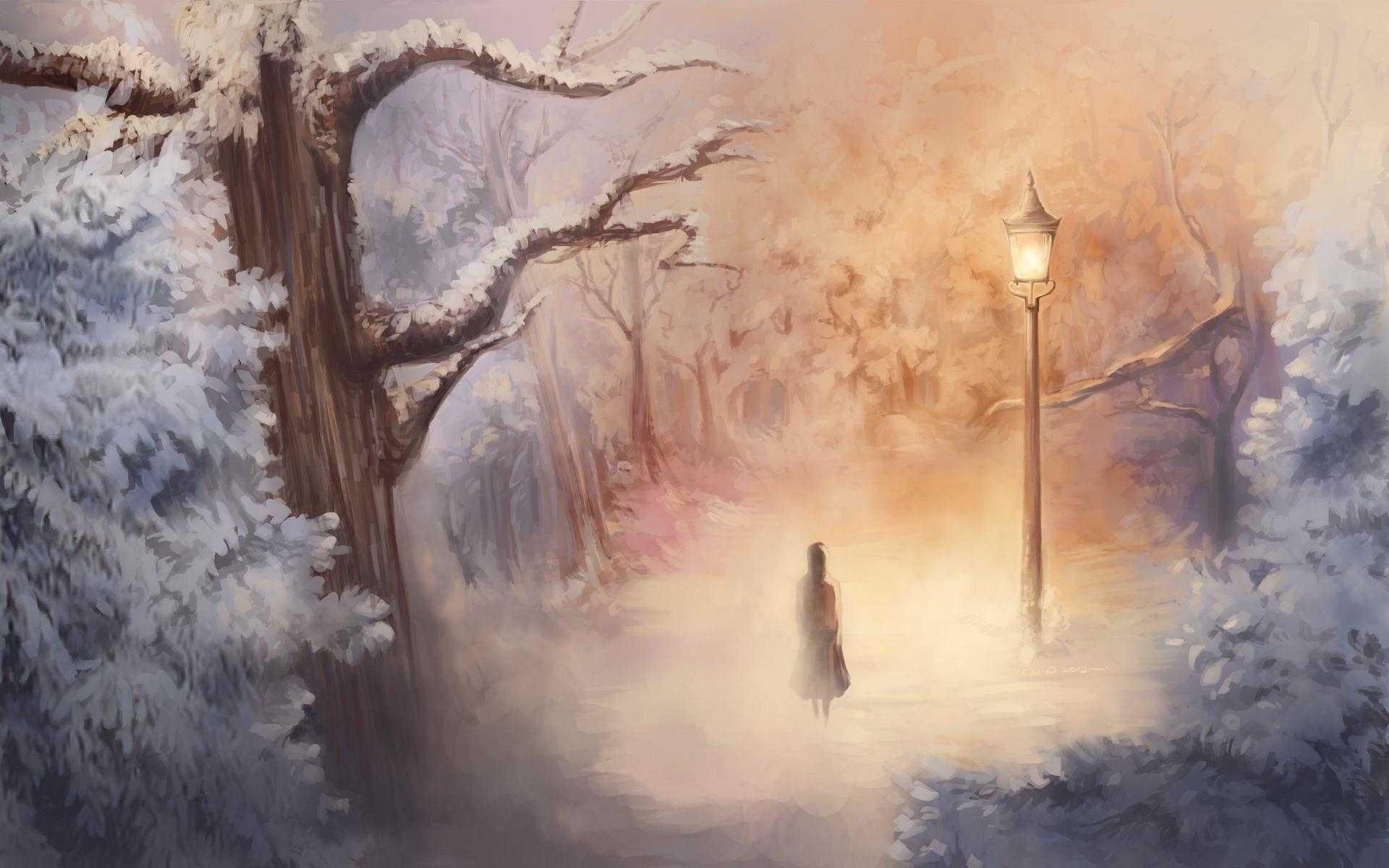 Woman walking in a snowy forest at night HD Wallpaper
