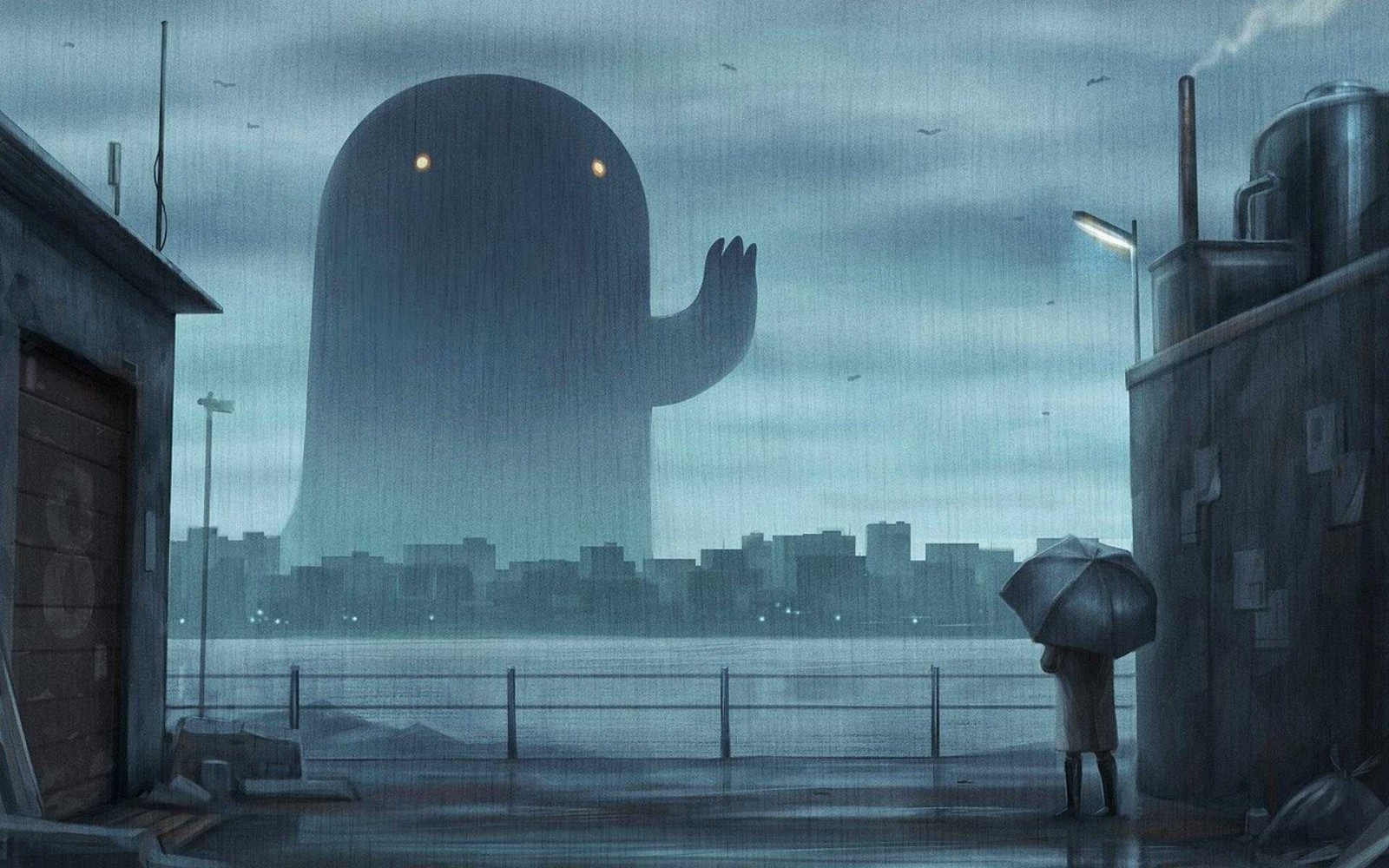 Giant creature in a rainy city HD Wallpaper