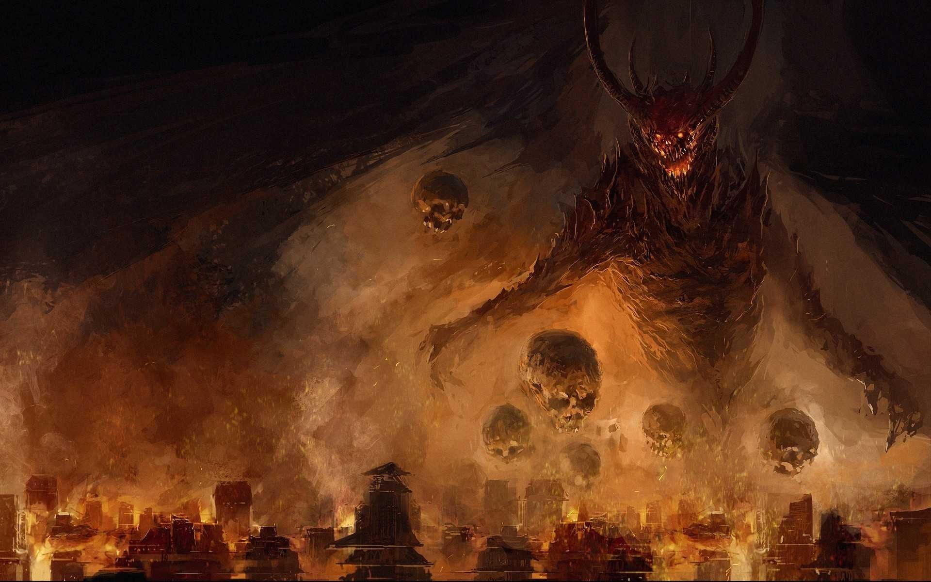Demon over burning city with skulls HD Wallpaper