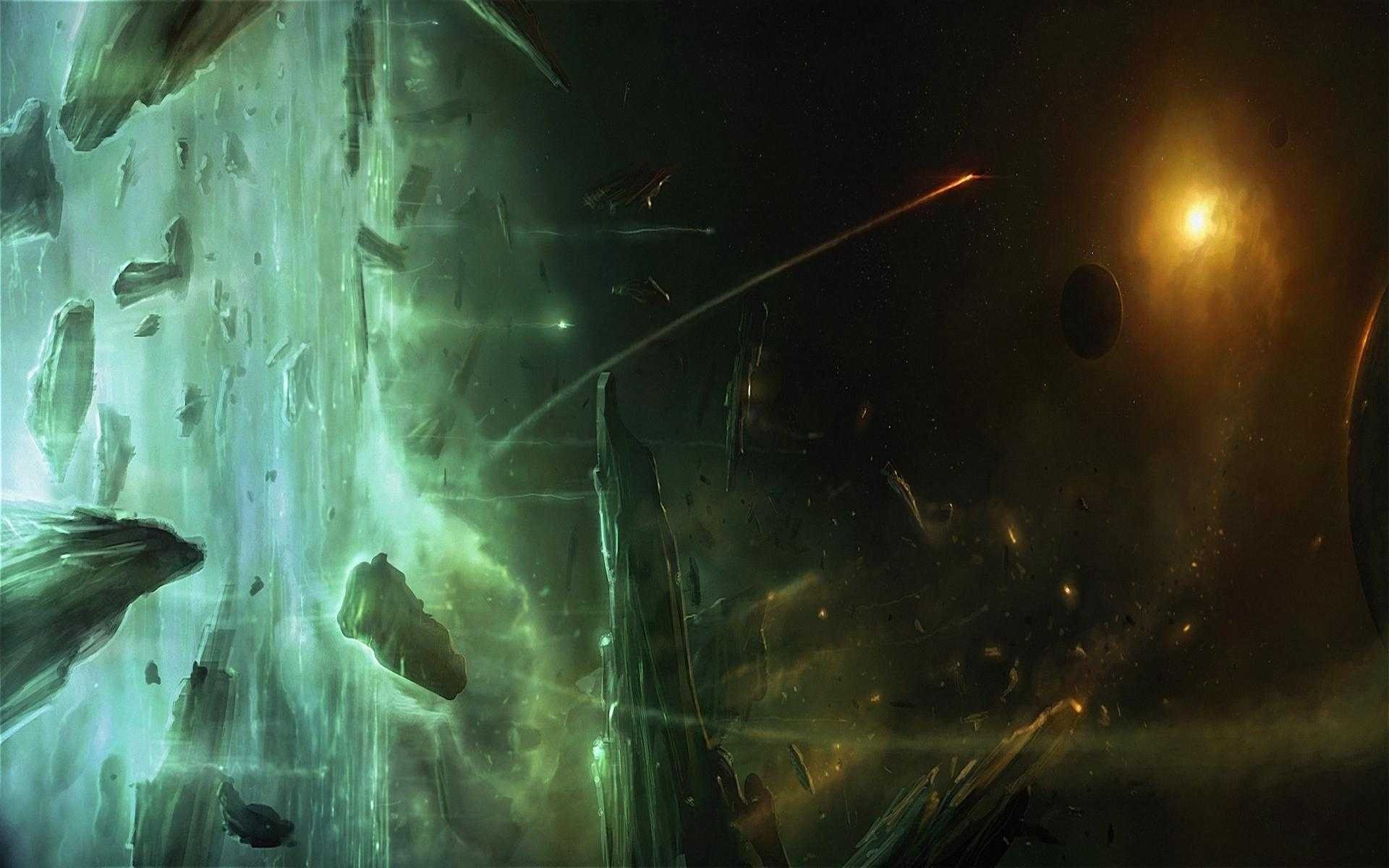 Space battle with asteroids and glowing nebula HD Wallpaper