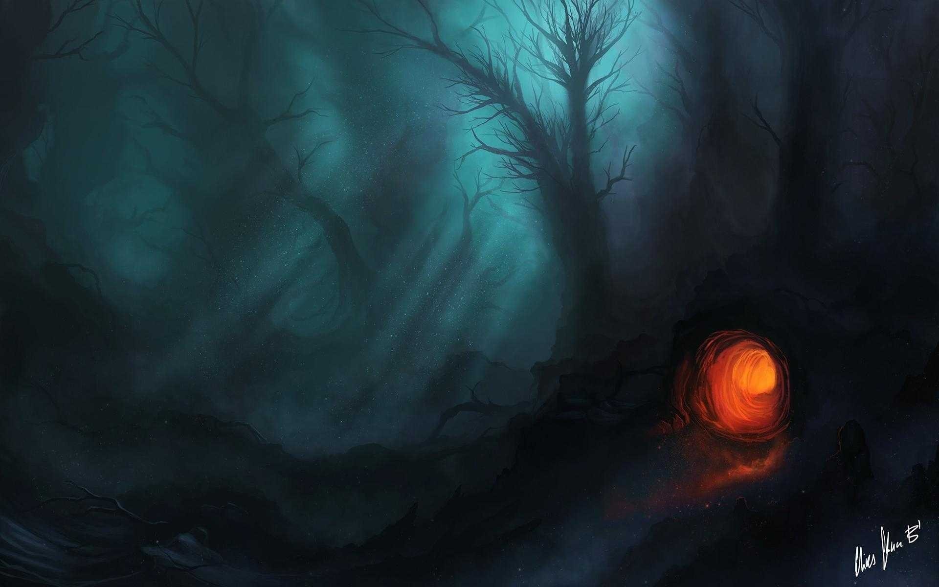 Fantasy art of a dark forest with a glowing tunnel HD Wallpaper