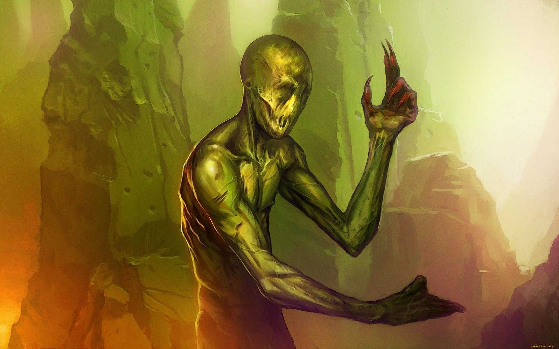 Green creature with sharp claws in a fantasy landscape HD Wallpaper