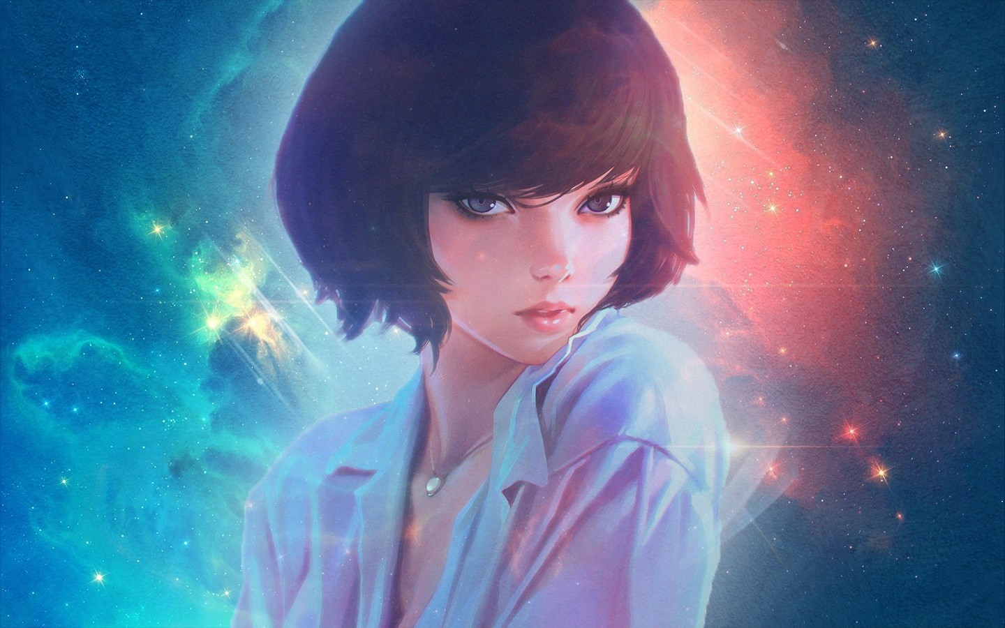 Anime girl with short hair in a galaxy HD Wallpaper