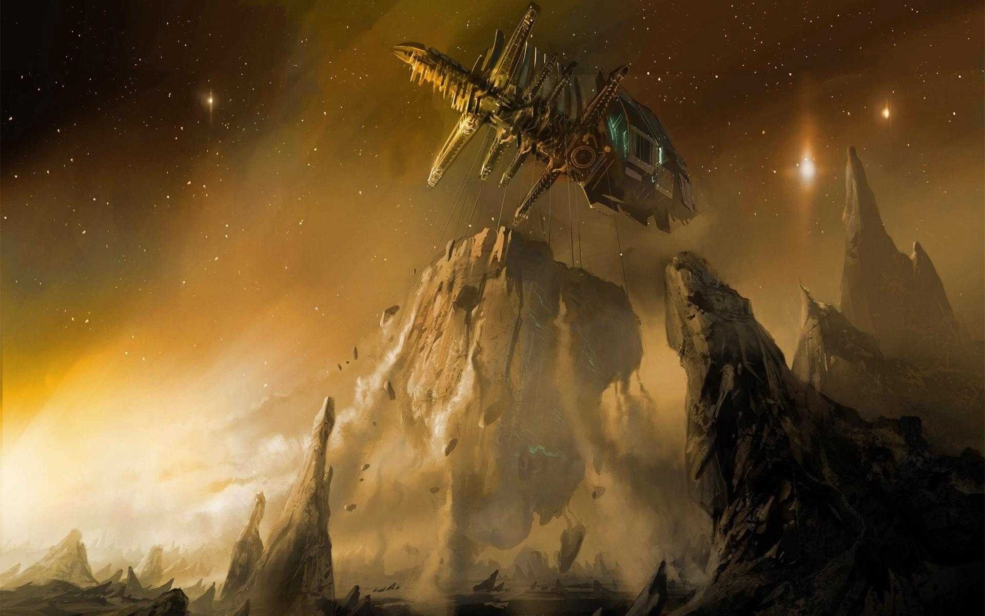 Spaceship hovering over rocky alien planet HD Wallpaper