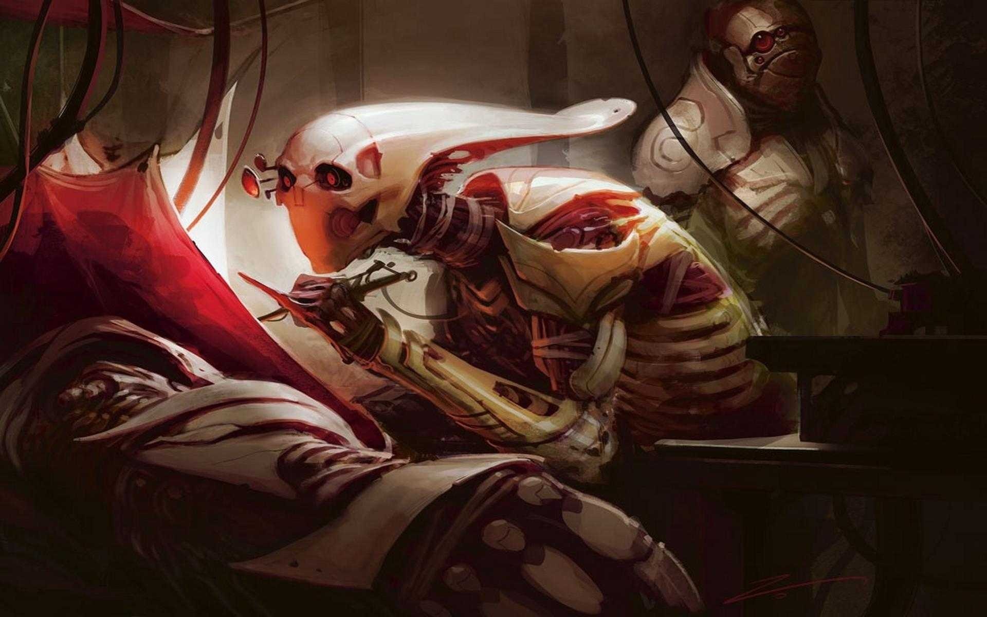 Futuristic alien surgeon operating on a patient HD Wallpaper