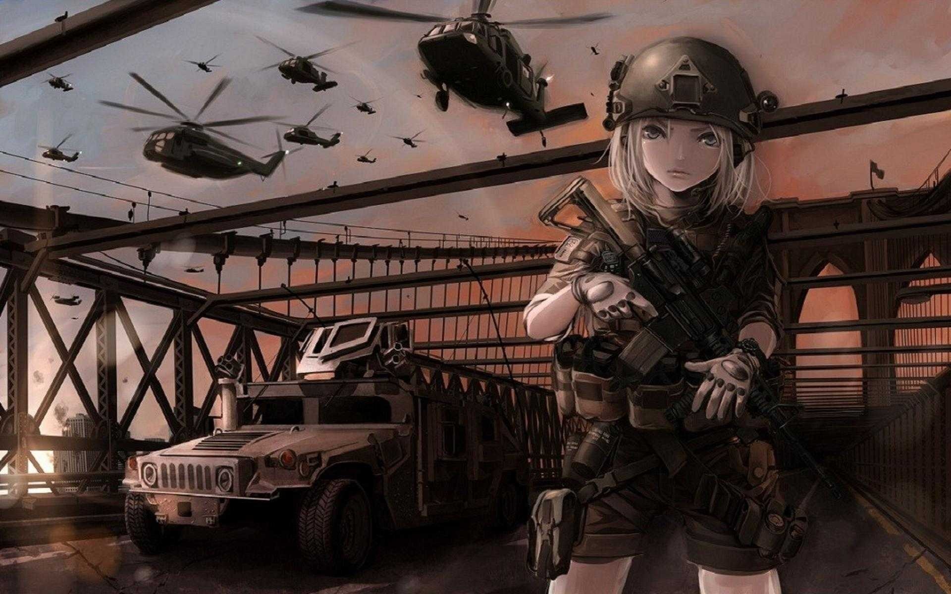 Anime soldier with rifle on bridge with helicopters and vehicle HD Wallpaper