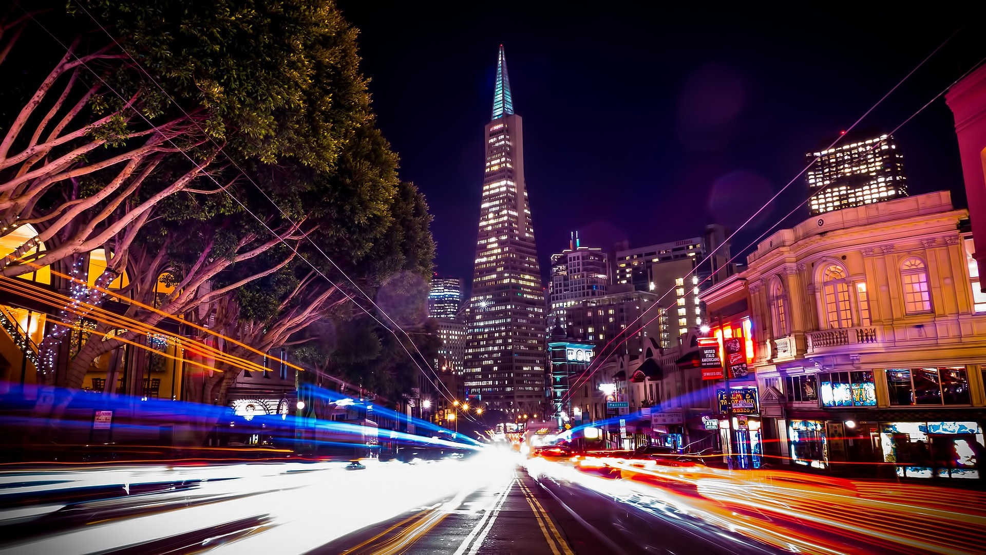 San Francisco Transamerica Pyramid at Night with Light Trails HD Wallpaper