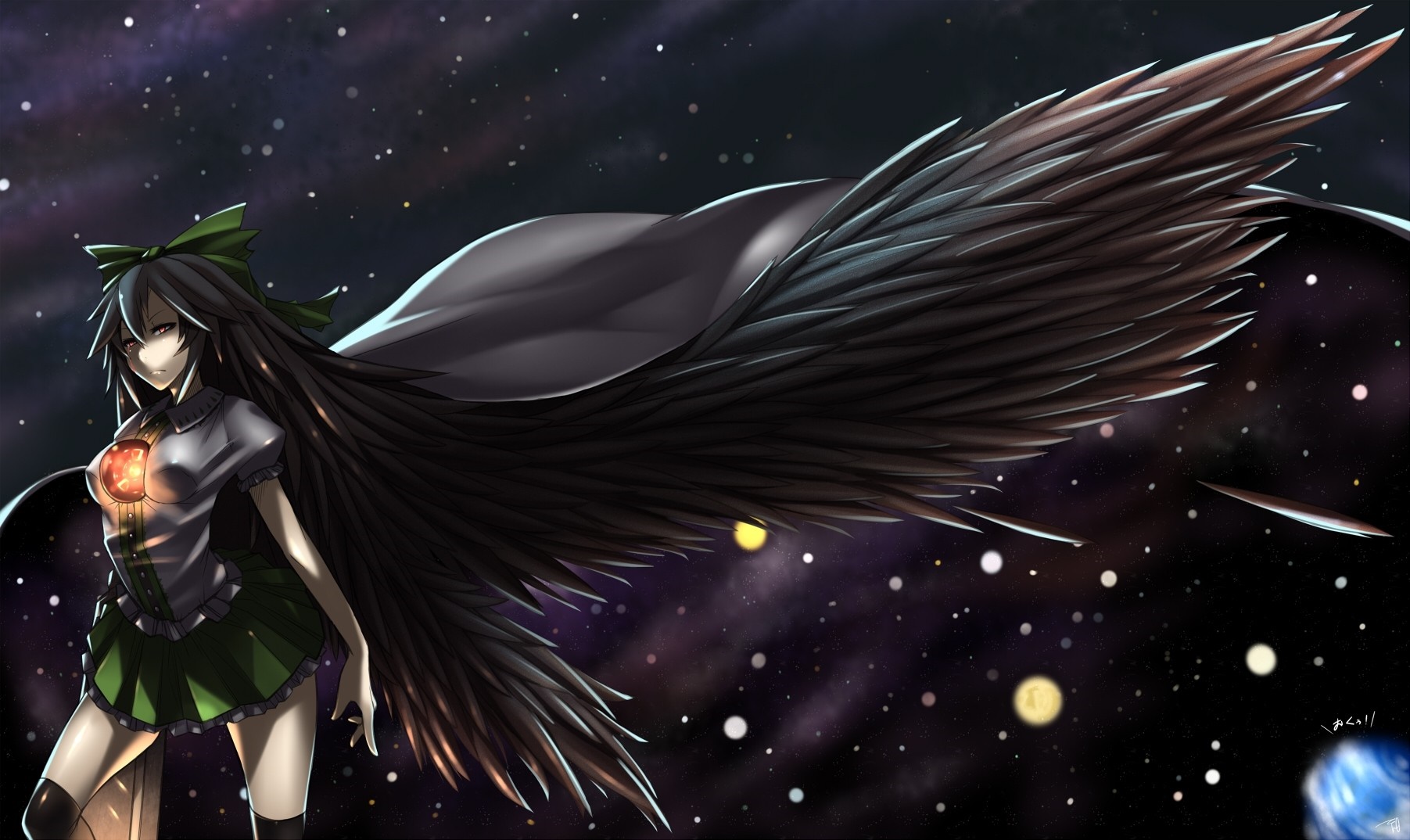 Reiuji Utsuho from Touhou with large black wings in space HD Wallpaper