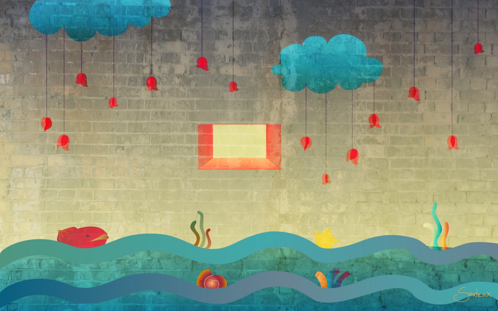 Illustration of a whimsical underwater scene with clouds and rain HD Wallpaper