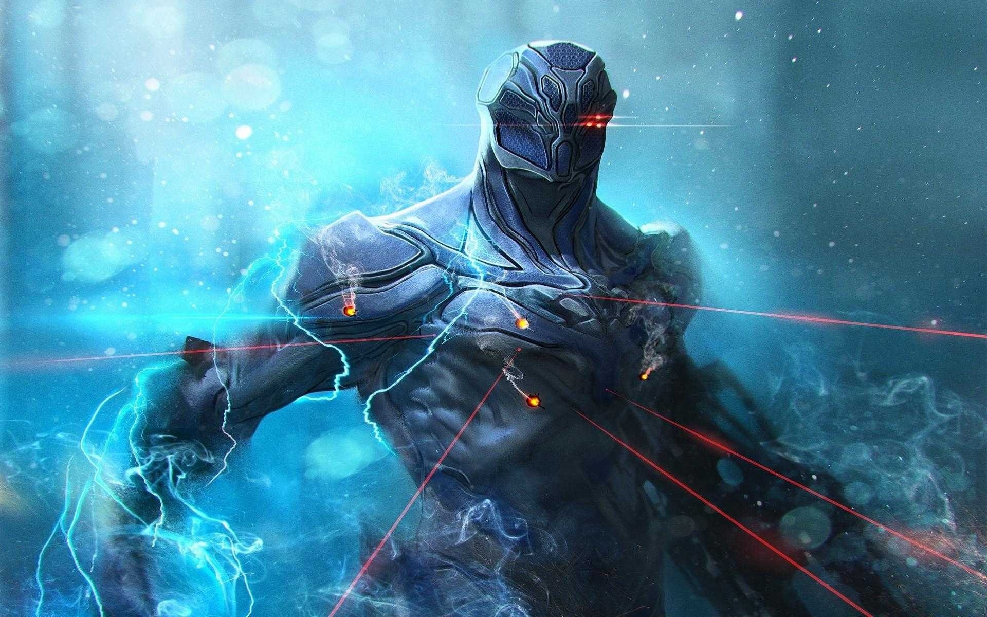 Blue armored alien with red eyes in battle HD Wallpaper