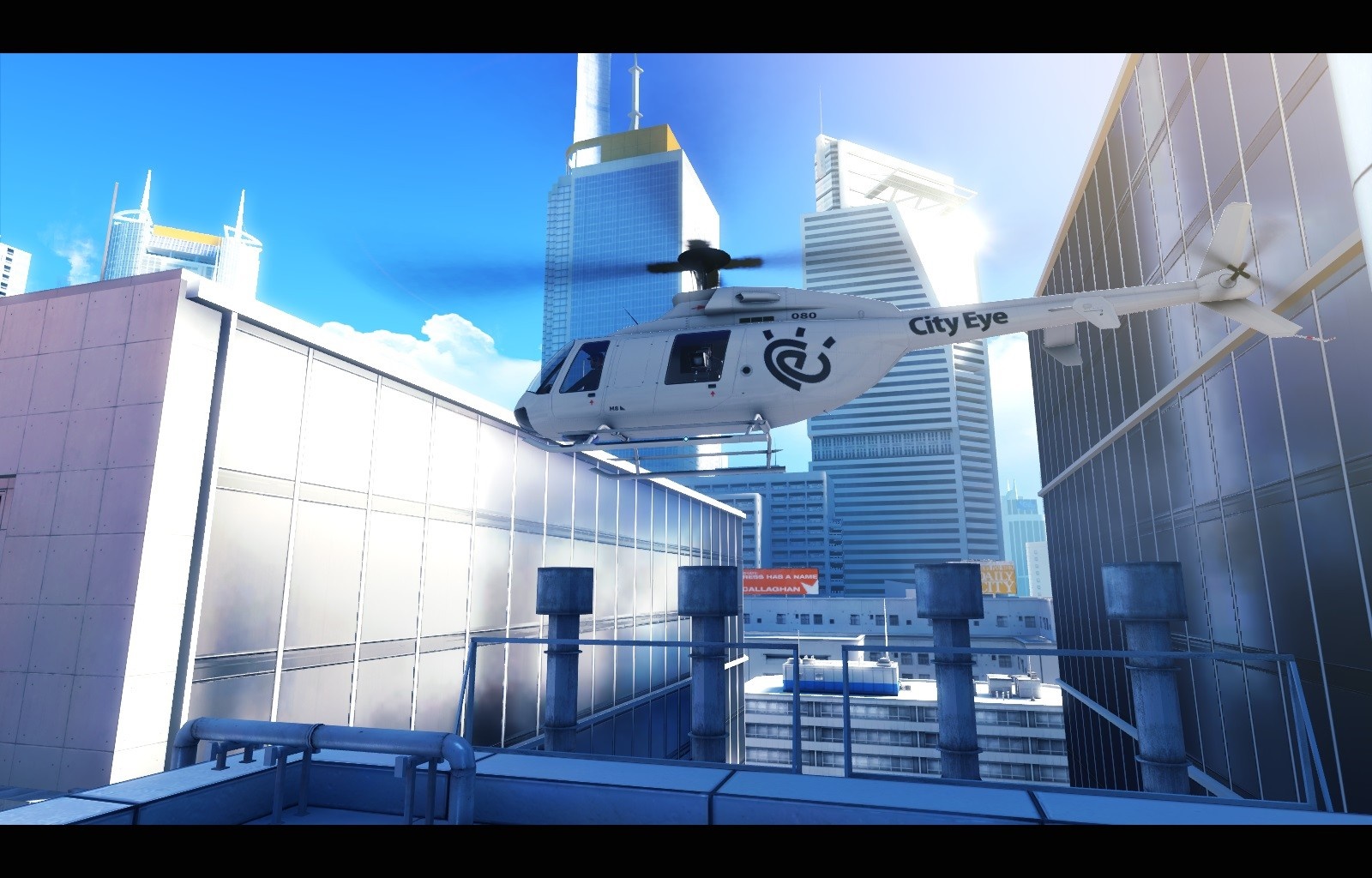 Helicopter flying near skyscrapers in Mirror's Edge HD Wallpaper