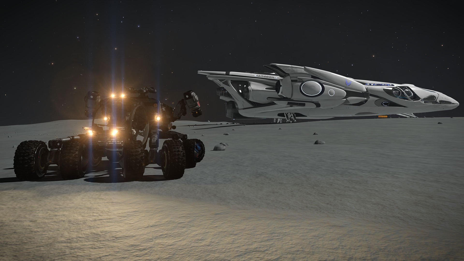 Planetary Rover and Spaceship on Lunar Surface in Elite Dangerous HD Wallpaper