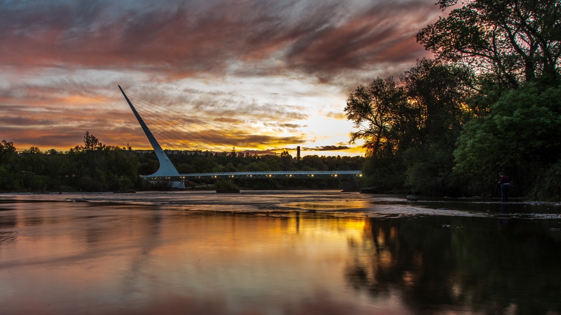Sundial Bridge at Sunset over Sacramento River HD Wallpaper