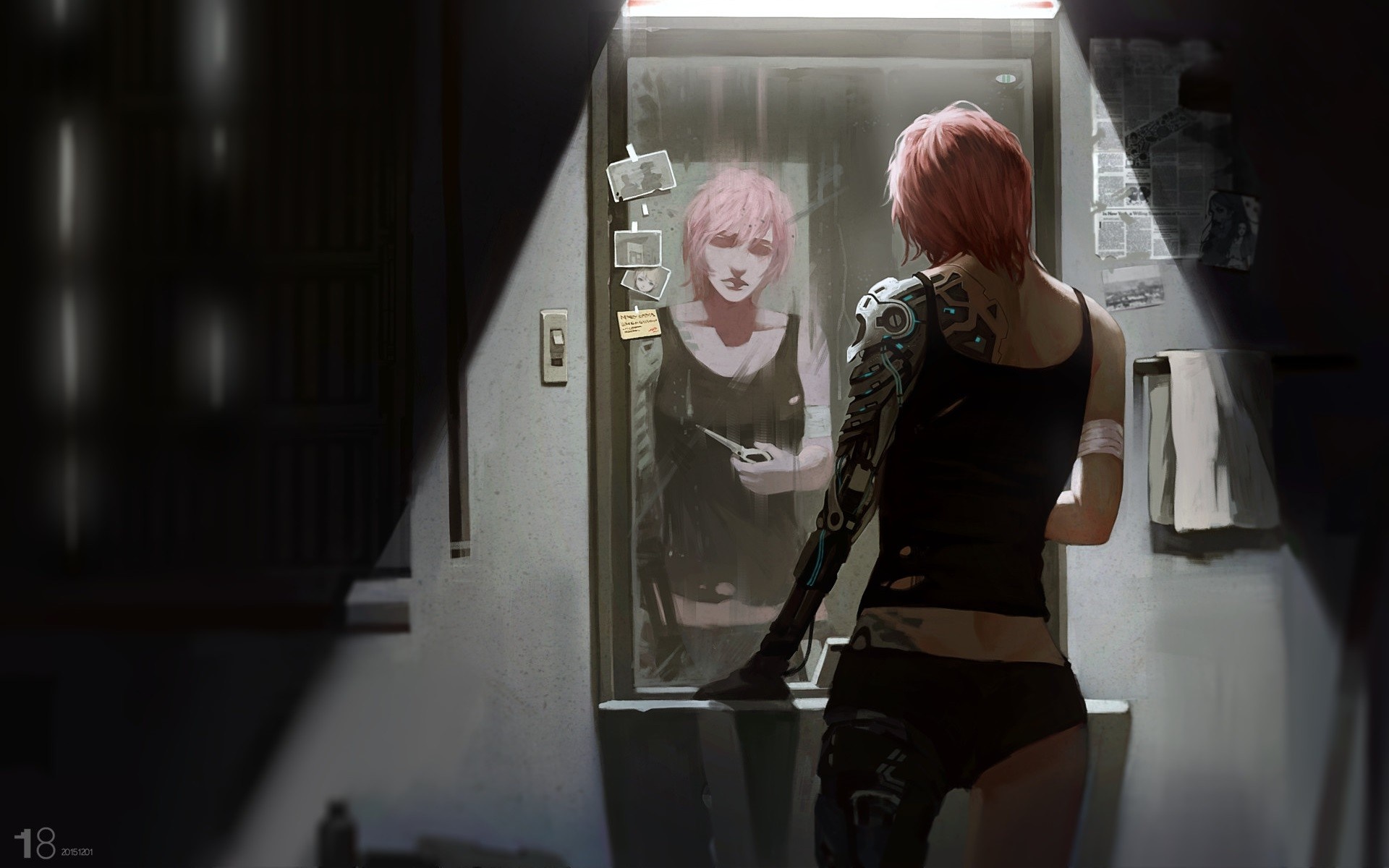 Anime girl with robotic arm looking in mirror HD Wallpaper