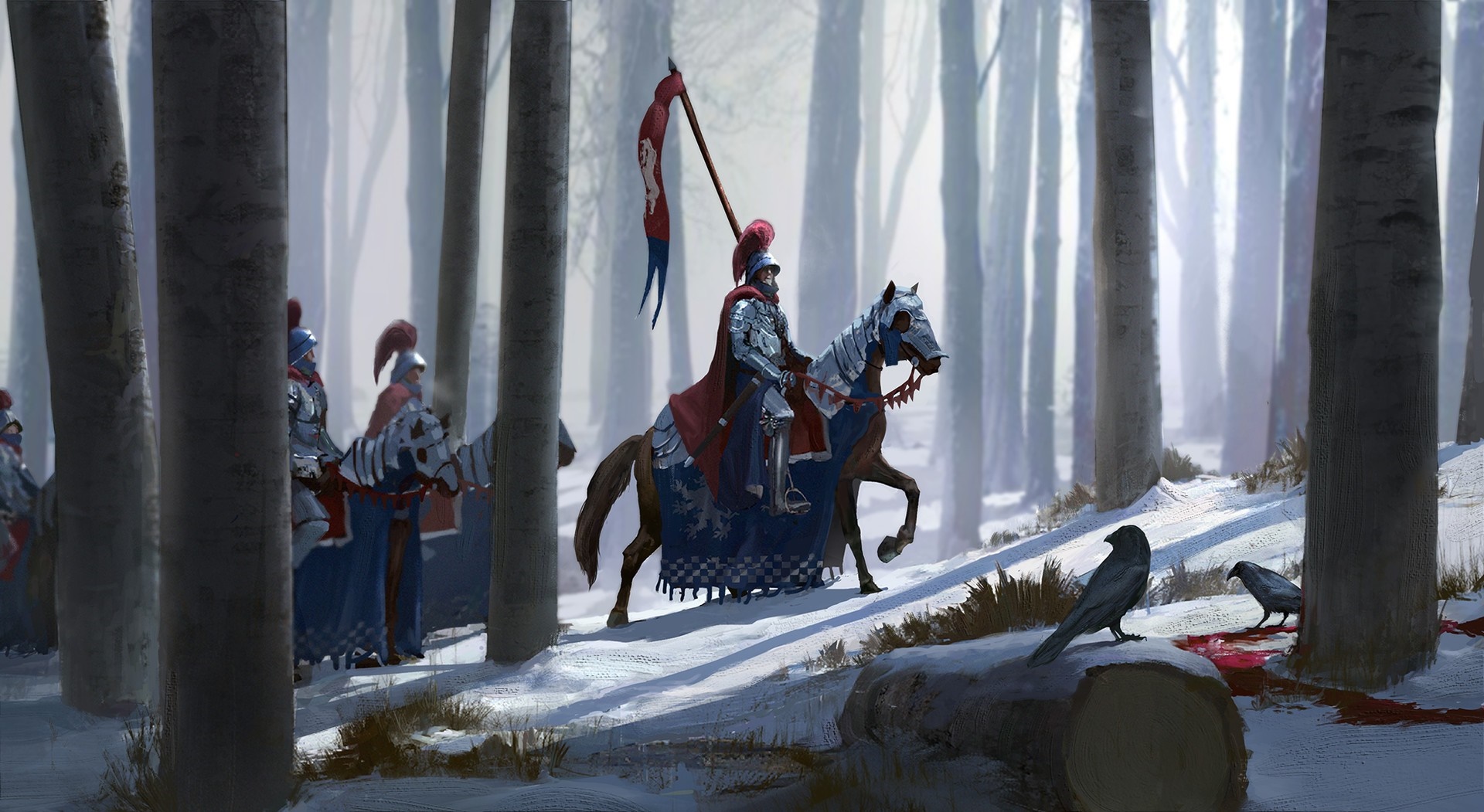 Knights on horseback in a snowy forest with crows HD Wallpaper