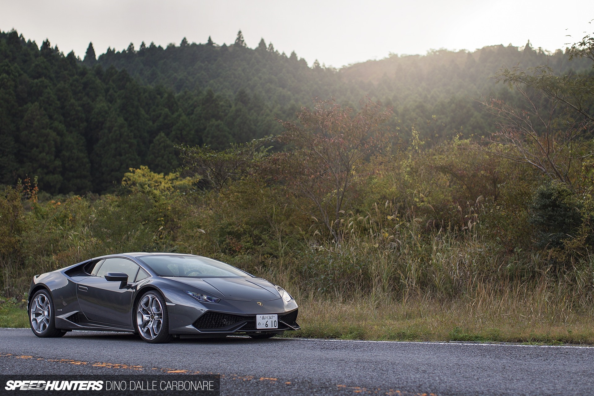 Gray Lamborghini Huracan on a Road with Forest Background HD Wallpaper